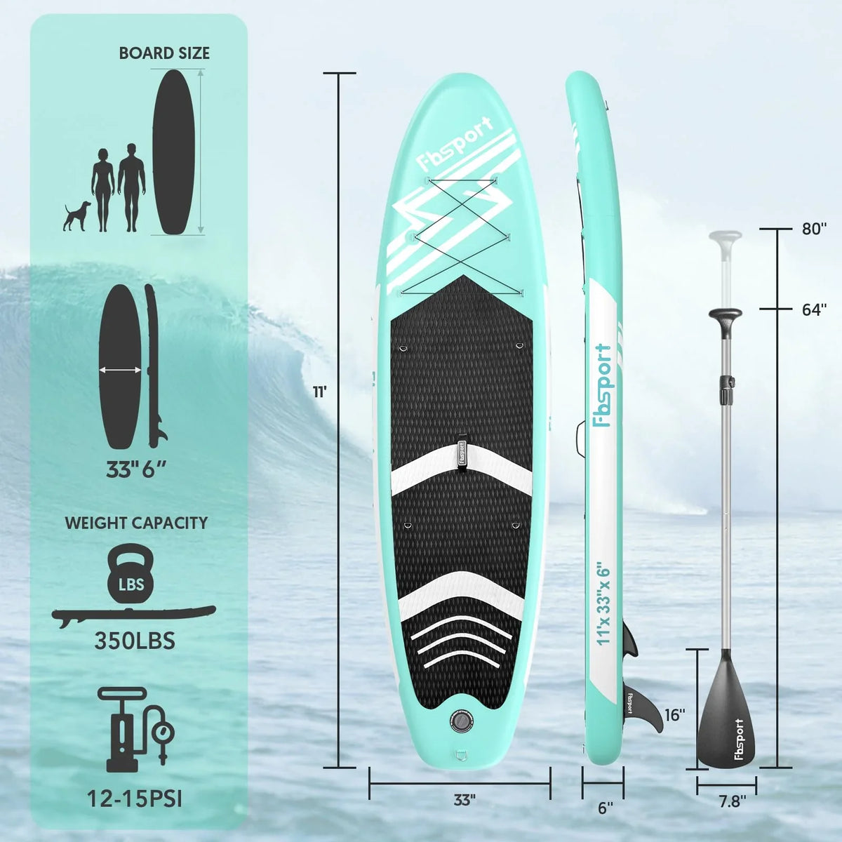 Nadmuchiwana deska SUP FBSPORT (model 2026), grubość 15 cm, kompletny zestaw z regulowanym aluminiowym wiosłem i pompką (zielona)