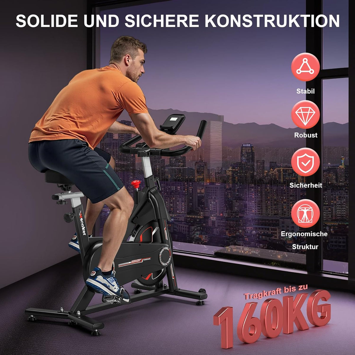 [Aktualizacja 2025] Trenażer domowy Wenoker, stacjonarny rower z oporem magnetycznym do użytku domowego, rower stacjonarny z niezwykle cichą pracą, wytrzymałym kołem zamachowym i ulepszonym monitorem LCD, do 160 kg