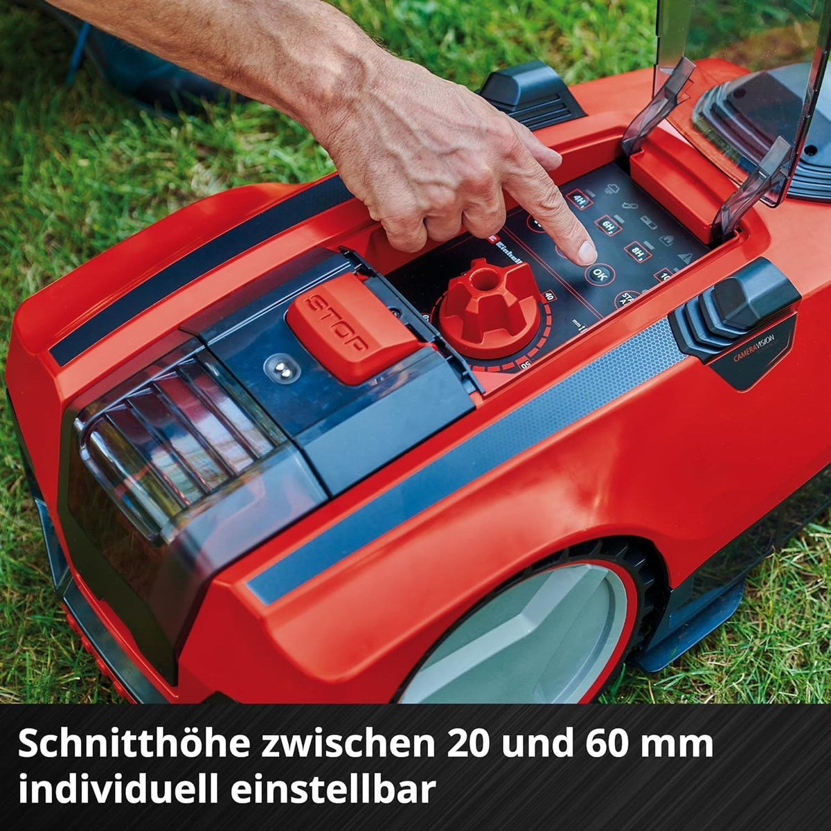 Robot koszący Einhell FREELEXO CAM 500 Power X-Change (18 V, kamera zastępuje przewód ograniczający, do 500 m, bezszczotkowy, do 25% nachylenia, szerokość koszenia 18 cm, w zestawie akumulator 3,0 Ah, taśma magnetyczna 5 m)
