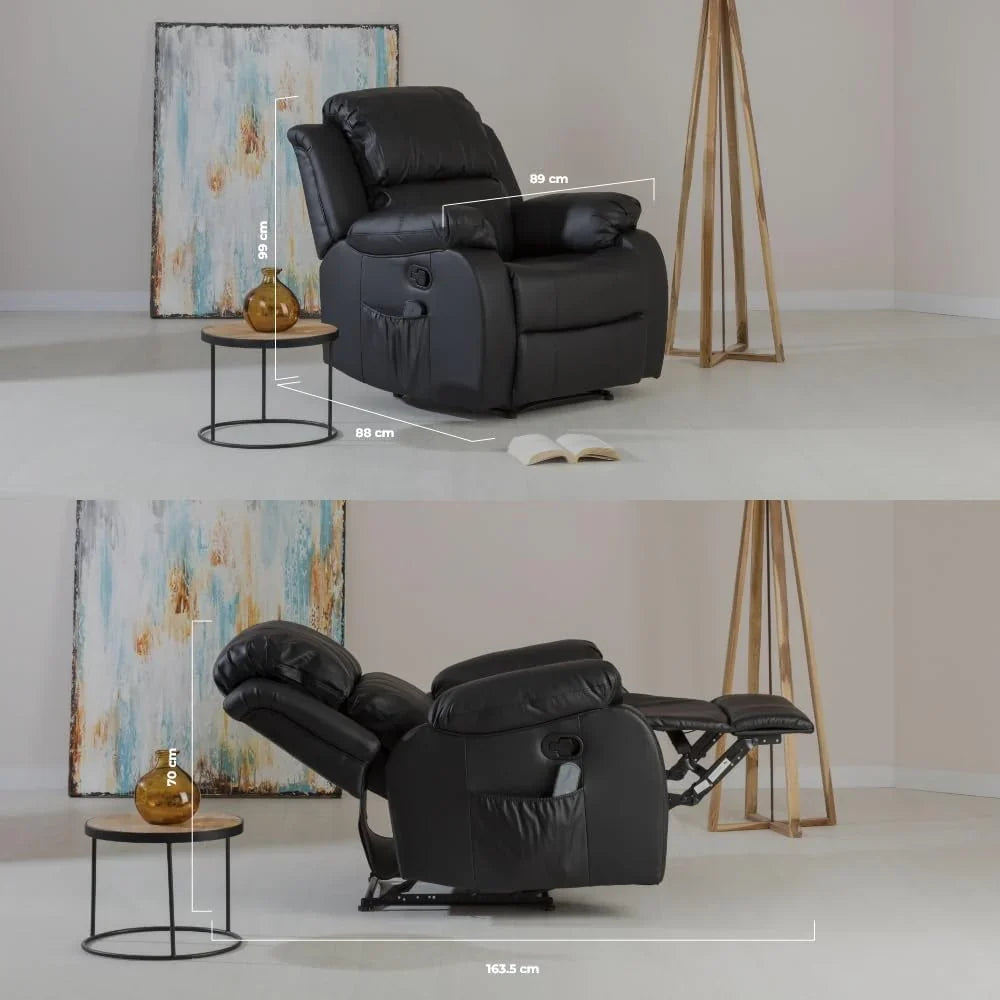 Don Descanso – Trevi Black relaxmassagestoel met verwarming, 160° kantelstand, 8 stille motoren, lendensteunverwarming, 4-zone massagesysteem en scheurbestendige polyurethaan lederen afwerking [zaag inbegrepen]