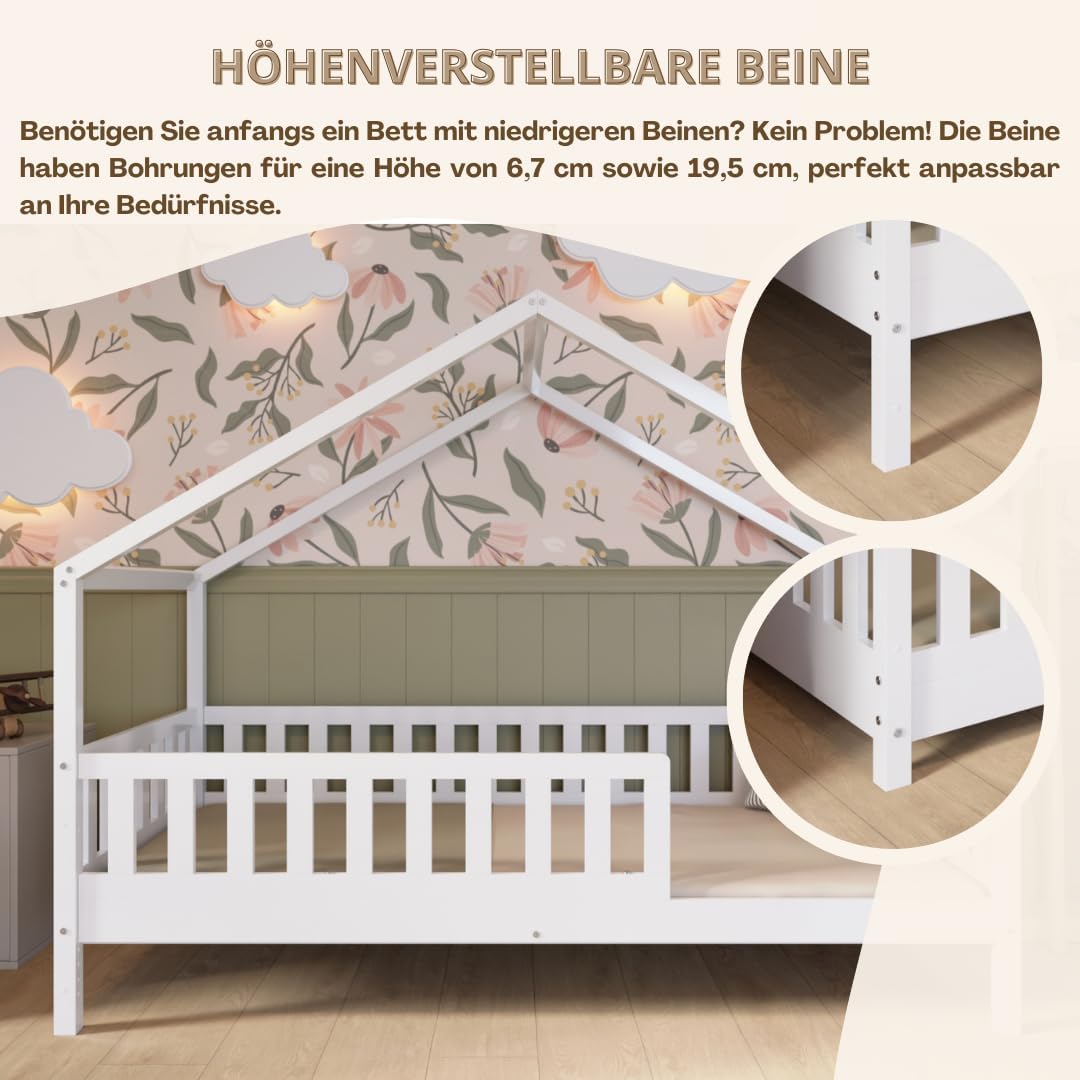 Łóżko Crazy Pine House z szufladami 200x90 cm – łóżko dziecięce z naturalnego drewna z zabezpieczeniem przed upadkiem – łóżko Montessori z dodatkową przestrzenią do przechowywania i wyjmowaną barierką – Crazy House