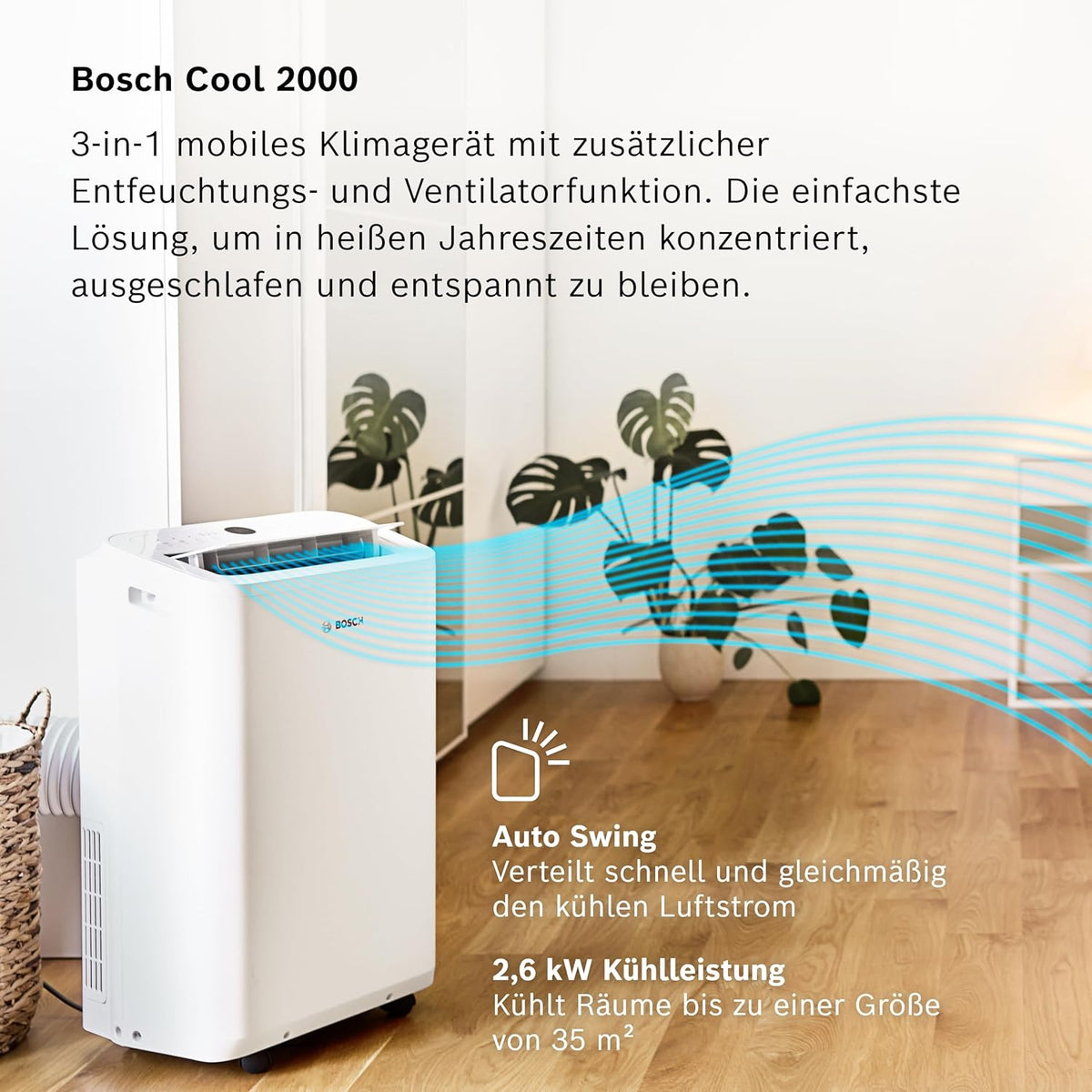 Przenośny klimatyzator Bosch Cool 4000 – 3 w 1: klimatyzator, osuszacz, wentylator – 2,6 kW do pomieszczeń o powierzchni do 35 m² – Z trybami Auto, Silent i Sleep
