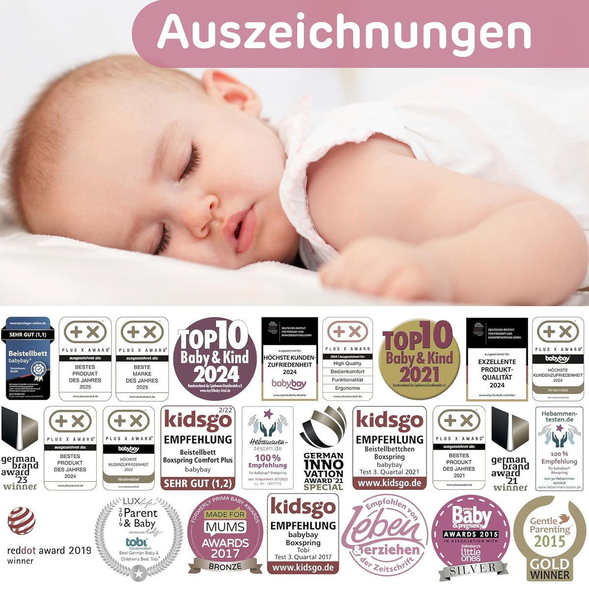 Oryginalne łóżeczko dostawne Babybay z litego drewna bukowego / kompaktowe i rozkładane / płynna regulacja wysokości łóżeczka i przyjazne dla środowiska / rośnie wraz z dzieckiem (lakierowane na biało) / w zestawie materac
