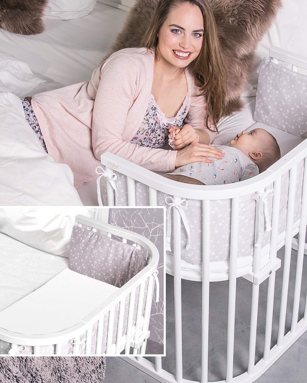 Oryginalne łóżeczko dostawne Babybay z litego drewna bukowego / kompaktowe i rozkładane / płynna regulacja wysokości łóżeczka i przyjazne dla środowiska / rośnie wraz z dzieckiem (lakierowane na biało) / w zestawie materac