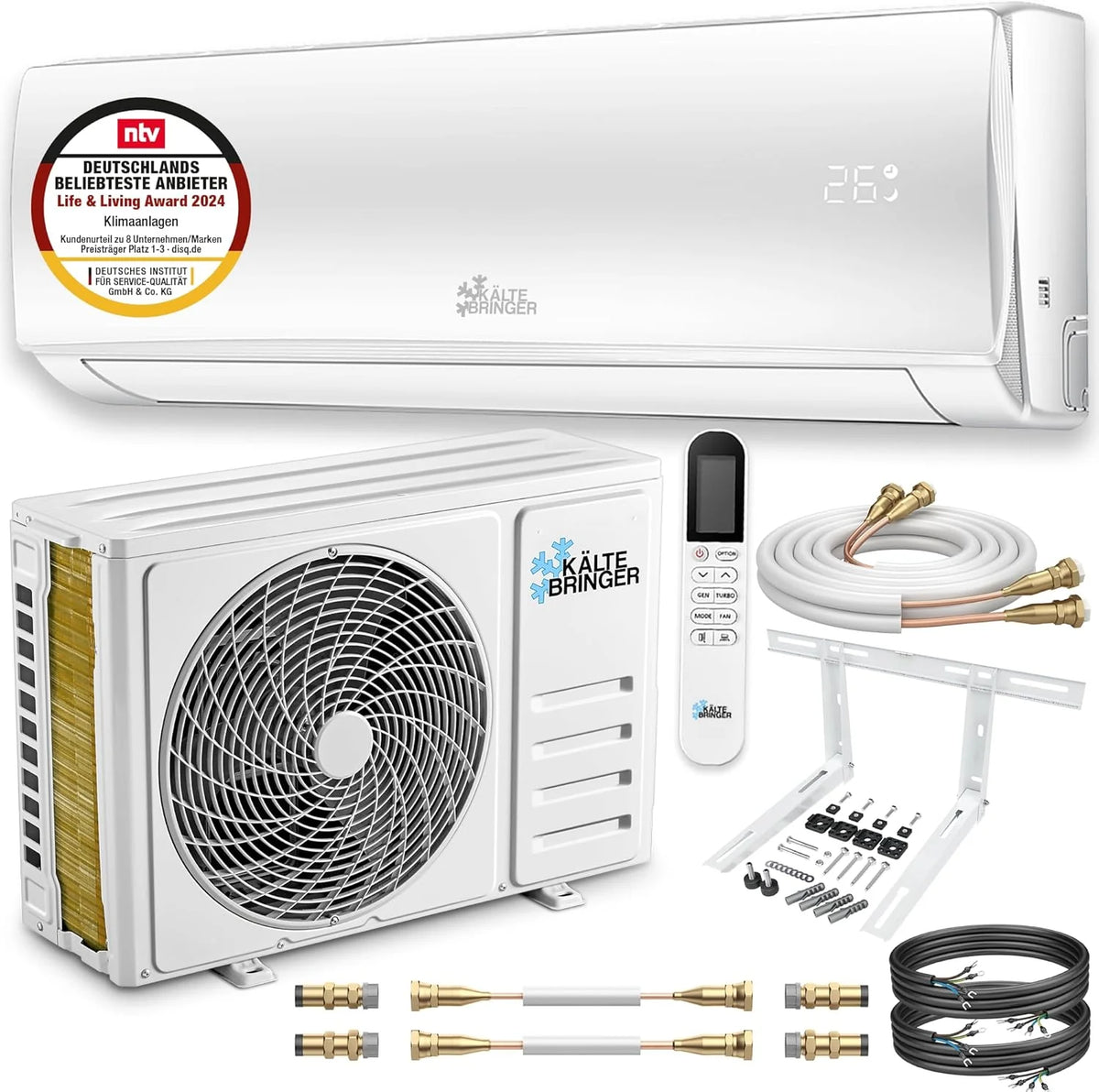 Klimatyzator typu split firmy Kältebringer z funkcją szybkiego łączenia – 12000 BTU (3,4 kW) z funkcją grzania, Wi-Fi i aplikacją, do 91 m2, bardzo cichy – 5 m rur miedzianych, czynnik chłodniczy R32, materiały montażowe, uchwyt ścienny