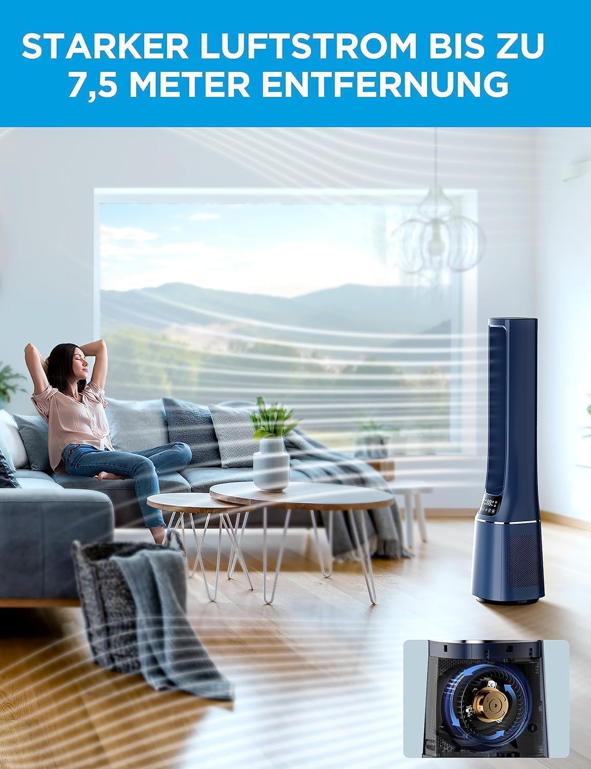 Midea MFP-120i (BL) 2-w-1 wentylator wieżowy, cichy oczyszczacz powietrza 38 dB, filtr HEPA H13 True, 47,6 m², wyświetlacz LED, pilot zdalnego sterowania, oscylacja, 12-godzinny timer, kompatybilny z połączeniem bezprzewodowym, Alexa i Asystentem Goo
