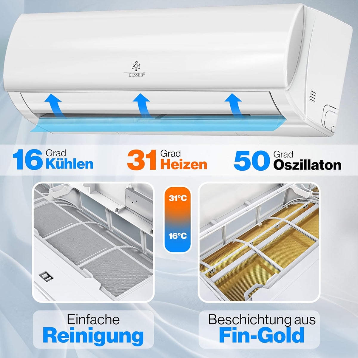 Zestaw klimatyzatora typu split KESSER® Quick Connect 12000 BTU 3,4 kW – WiFi i aplikacja Klimatyzator z funkcją grzania i chłodzenia Klimatyzator ścienny z rurami miedzianymi Czynnik chłodniczy R32 W zestawie materiały montażowe