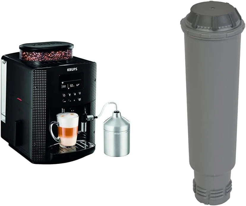 Ekspres do kawy Krups Essential w pełni automatyczny z wężykiem do mleka, funkcja parzenia 2 filiżanek, wyświetlacz LCD, łatwe czyszczenie, certyfikat TÜV, czarny, EA816031