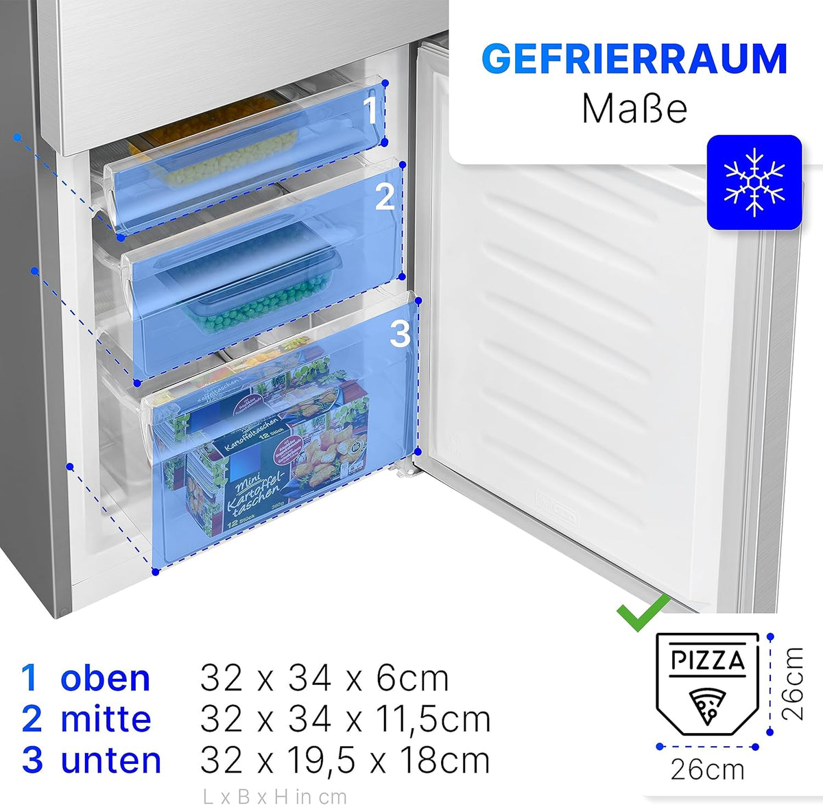 Chłodziarko-zamrażarka Bomann® o wysokości 143 cm | Pojemność 175 l, 3 półki i 3 szuflady | Możliwość zmiany kierunku otwierania drzwi | Cicha praca (39 dB) | Model KG 322.1 (wykończenie Inox-Look)