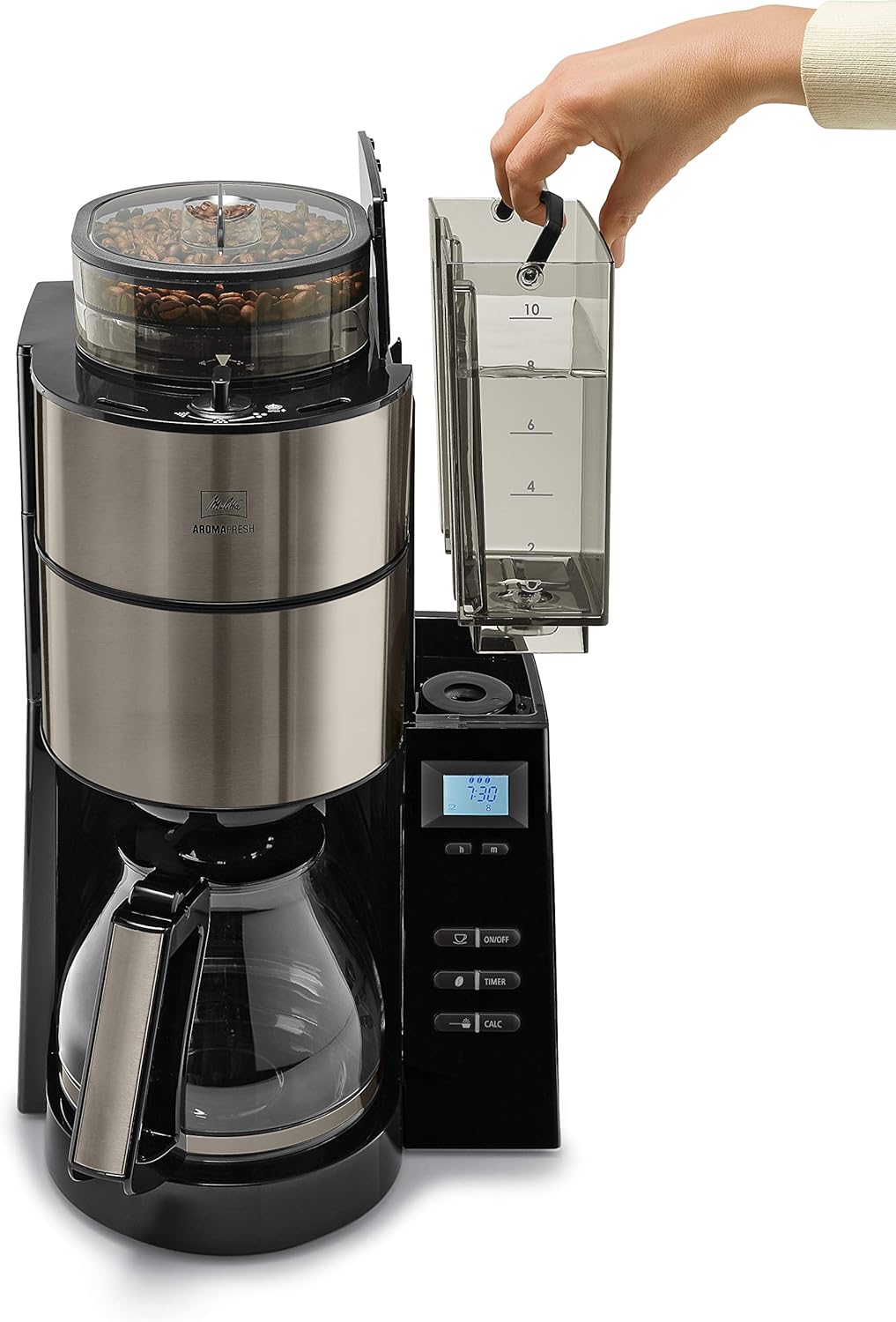 Melitta AromaFresh - Ekspres przelewowy - ze szklanym dzbankiem - wbudowanym młynkiem - funkcją timera - 10 filiżanek - Czysta czerń