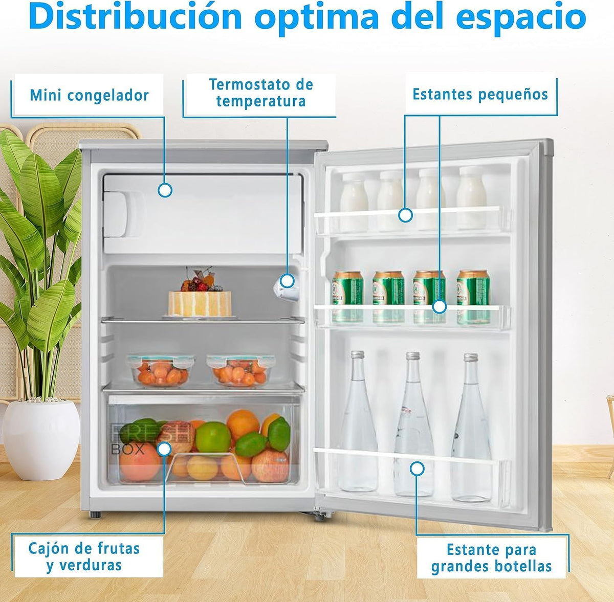 Midea Mała lodówka 113 l z zamrażarką - Mini lodówka do sypialni/przyczepy kempingowej/na kemping - Mini bar o niskim zużyciu energii - Cicha lodówka podblatowa 39 dB - Zamrażarka -16º/-24º