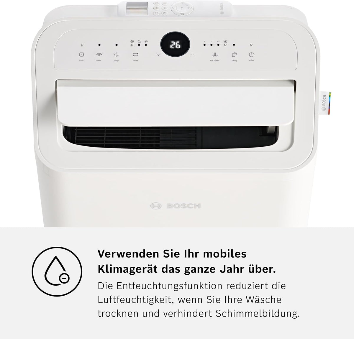 Klimatyzator przenośny Bosch Cool 4000 – 3 w 1: klimatyzator, osuszacz powietrza, wentylator – 2,6 kW do pomieszczeń o powierzchni do 35 m² – z trybem automatycznym, trybem cichym i trybem uśpienia