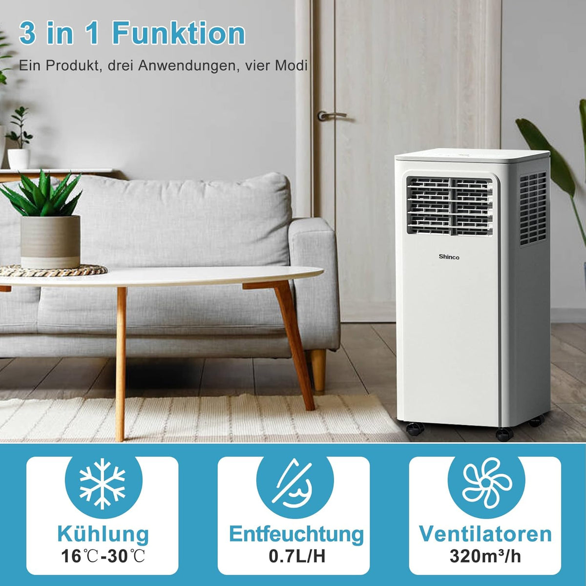 Przenośna klimatyzacja SHINCO z przewodem wydechowym, 9000 BTU, 2,6 kW, chłodzenie, wentylacja i osuszanie, przenośna klimatyzacja z trybem uśpienia, powierzchnia pomieszczenia do 22 m², 24-godzinny timer