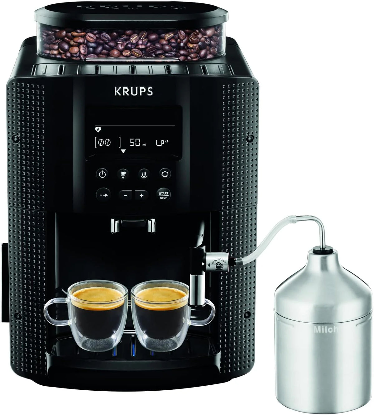 Ekspres do kawy Krups Essential w pełni automatyczny z wężykiem do mleka, funkcja parzenia 2 filiżanek, wyświetlacz LCD, łatwe czyszczenie, certyfikat TÜV, czarny, EA816031