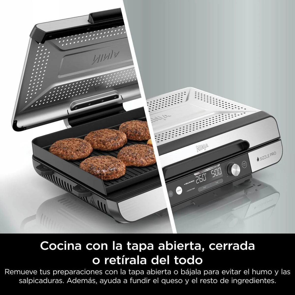 Ninja Sizzle Pro XL Grill i płyta grillowa do użytku wewnątrz pomieszczeń z nieprzywierającą ceramiczną płytą grillową, zdejmowaną pokrywą, pojemnikiem na tłuszcz i przewodnikiem po przepisach, kolor srebrny/czarny GX101EU