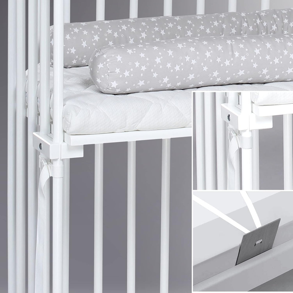 Oryginalne łóżeczko dostawne Babybay z litego drewna bukowego / kompaktowe i rozkładane / płynna regulacja wysokości łóżeczka i przyjazne dla środowiska / rośnie wraz z dzieckiem (lakierowane na biało) / w zestawie materac