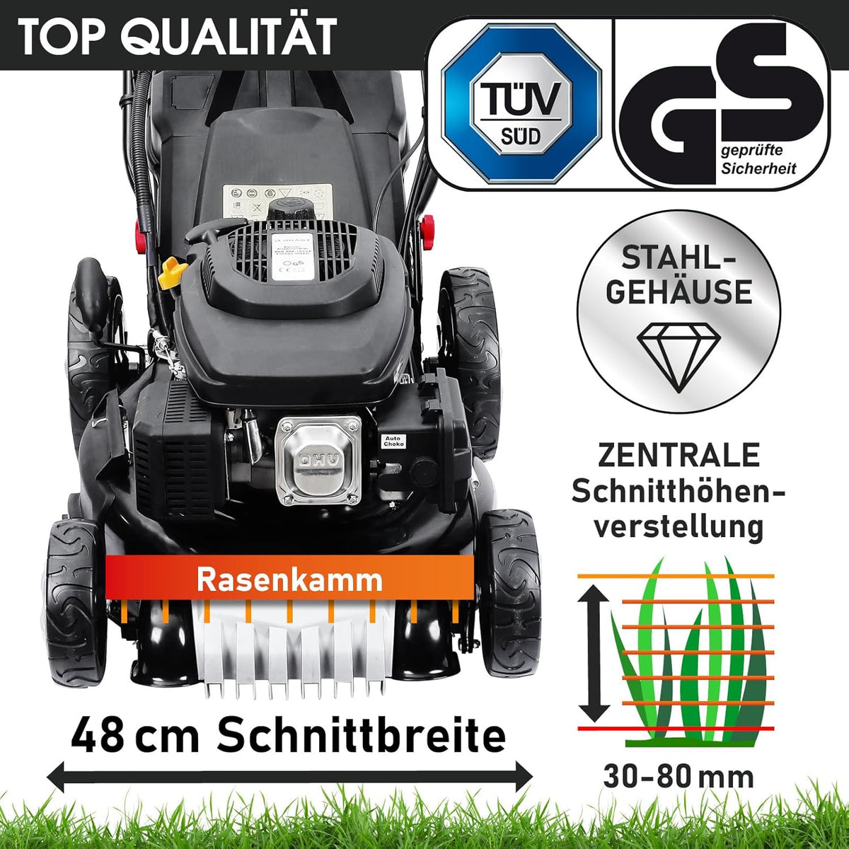 Spalinowa kosiarka do trawy BRAST z napędem | 5,2 kW (7 KM) | Rozruch elektryczny | Szerokość koszenia 48 cm | Różne modele | Certyfikat TÜV | Silnik czterosuwowy OHV | Wysokość koszenia 30–80 mm | Kosz na trawę 60 l | Stalowa obudowa | Model 19224 E