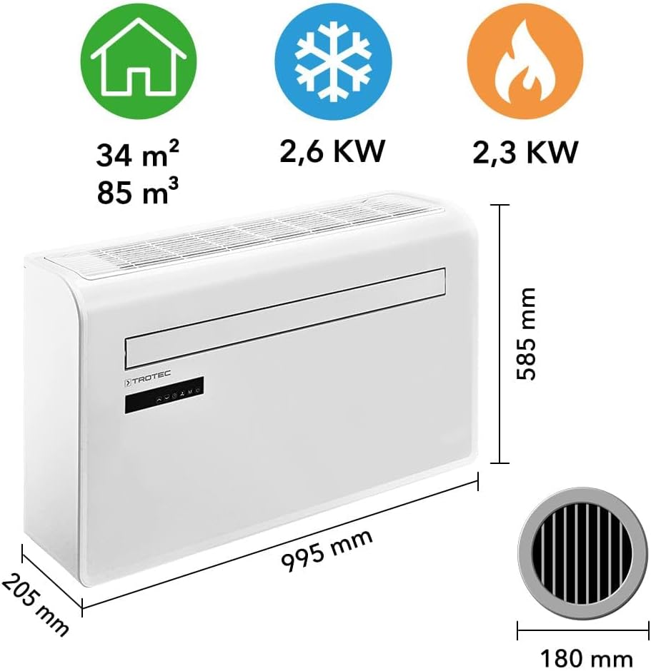 Klimatyzator ścienny TROTEC PAC-W 2650 SH – urządzenie typu „4 w 1” bez jednostki zewnętrznej, wyposażone w funkcję ogrzewania, oferujące moc chłodniczą 2,6 kW, sterowanie przez aplikację (WiFi) oraz technologię inwerterową; przeznaczone do pomieszcz