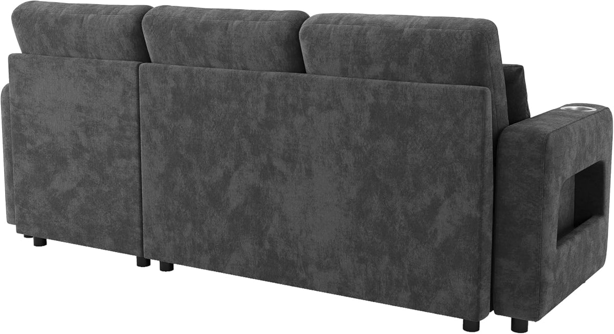 Narożna sofa z funkcją spania Merax w kształcie litery L i pojemnikiem na pościel – praktyczny narożnik rozkładany z miejscem do przechowywania, oświetleniem LED, portami USB/USB-C i 2 uchwytami na kubki – rozkładana sofa narożna, tkanina szenilowa,