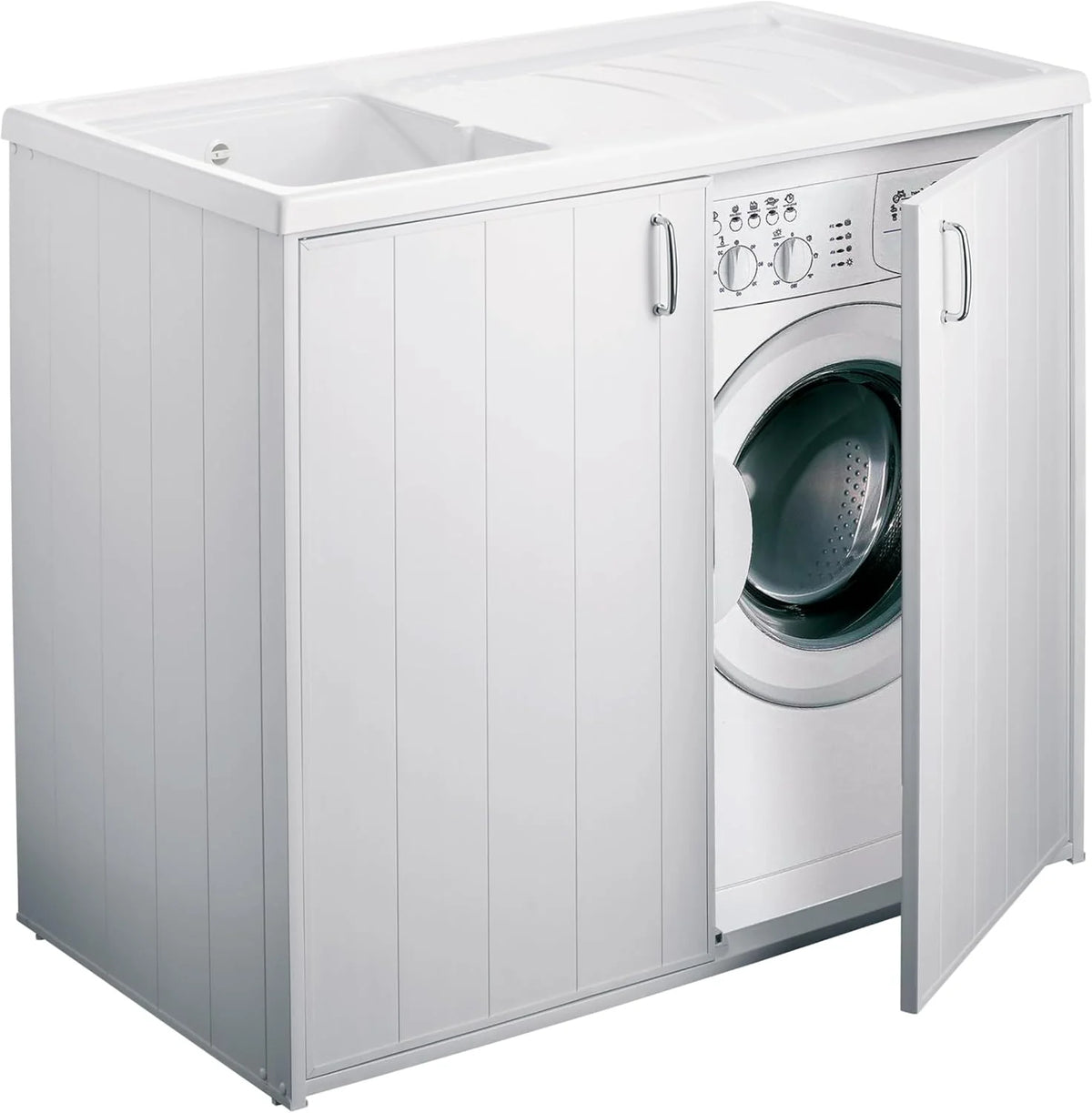 Negrari 5008PAM – dubbelzijdige kast met spoelbak en ruimte voor een wasmachine, materiaal: hars (voor buitengebruik) en PVC, kleur: wit, maat M, 14.000 stuks