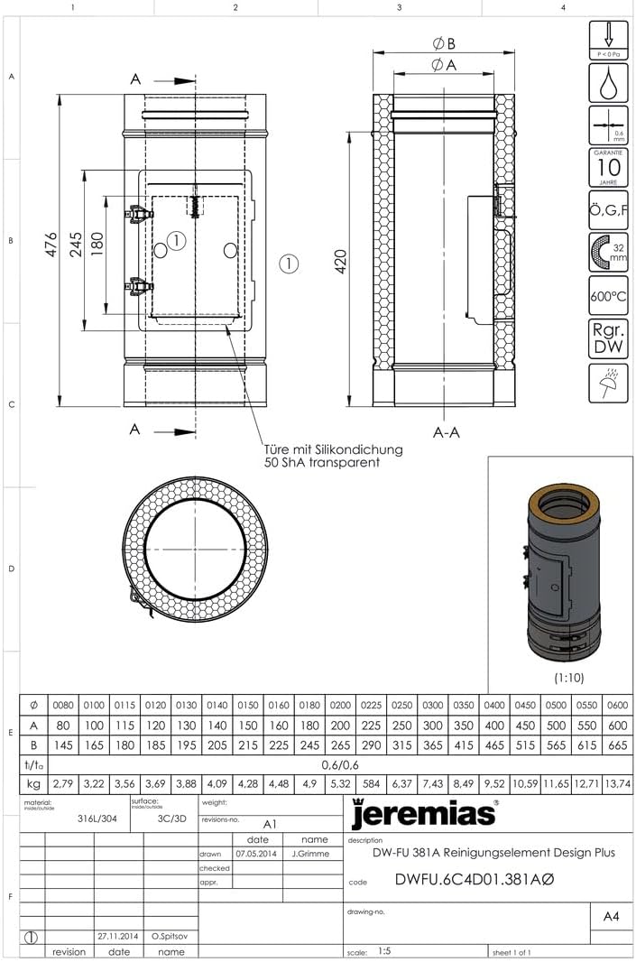 Element rewizyjny Jeremias DW-FU Design Plus, 225 mm, dwuścienny, ze stali nierdzewnej, do montażu zewnętrznego, system odprowadzania spalin N1 (do 600°C)