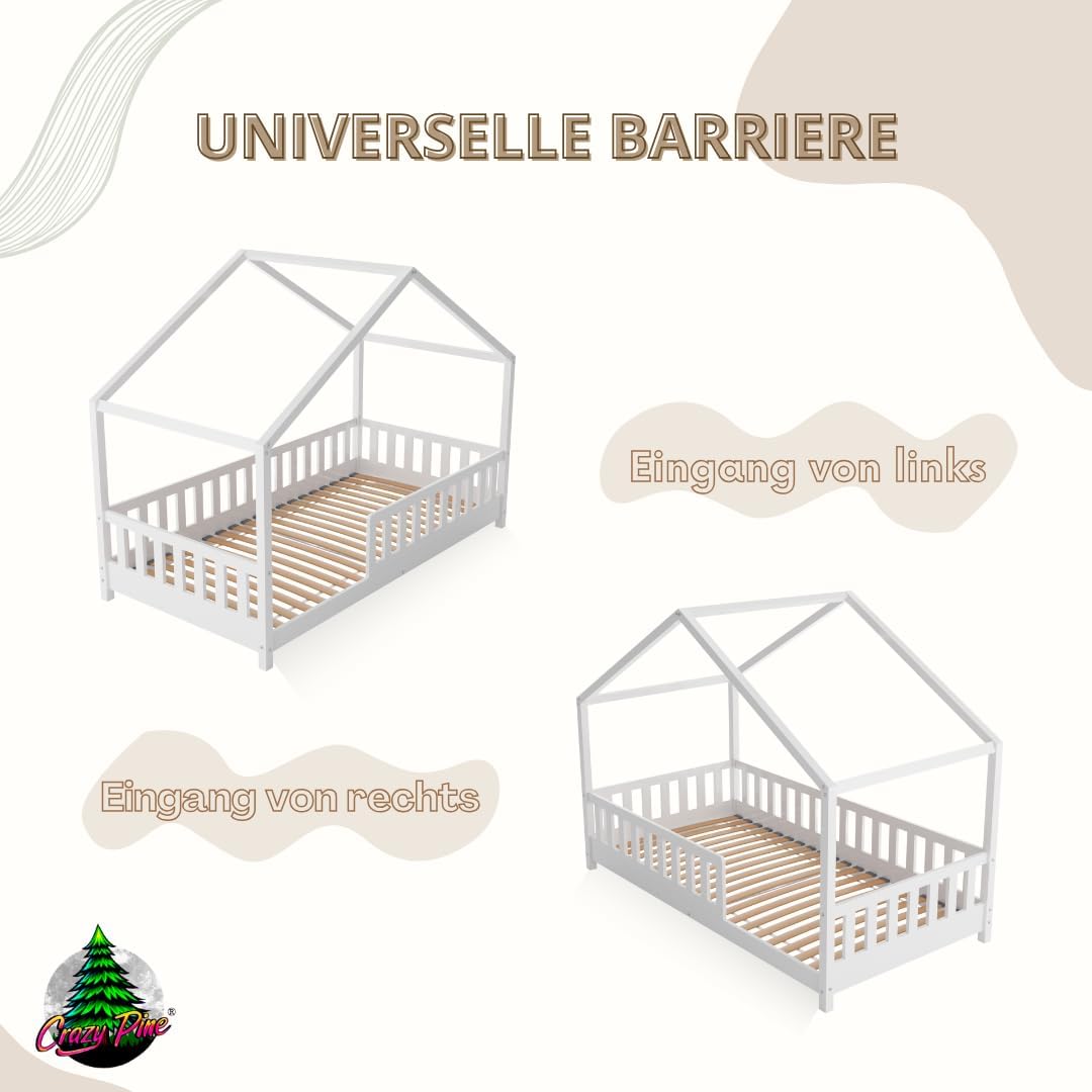 Łóżko Crazy Pine House z szufladami 200x90 cm – łóżko dziecięce z naturalnego drewna z zabezpieczeniem przed upadkiem – łóżko Montessori z dodatkową przestrzenią do przechowywania i wyjmowaną barierką – Crazy House