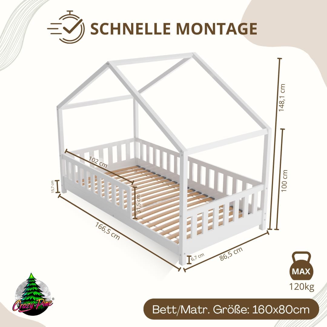 Łóżko Crazy Pine House z szufladami 200x90 cm – łóżko dziecięce z naturalnego drewna z zabezpieczeniem przed upadkiem – łóżko Montessori z dodatkową przestrzenią do przechowywania i wyjmowaną barierką – Crazy House