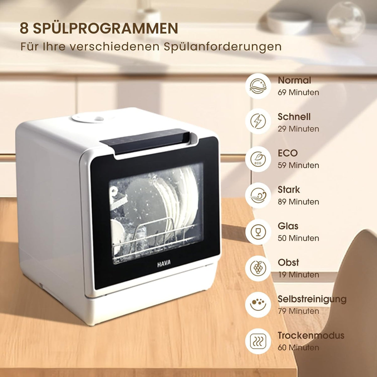 Zmywarka stołowa HAVA, 8 programów, NOWY model, mała zmywarka z blokadą rodzicielską i opóźnionym startem, zbiornik na wodę o pojemności 5 l do apartamentów, akademików i kamperów