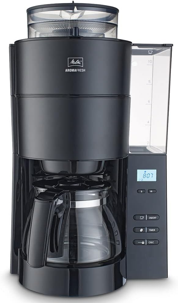 Melitta AromaFresh - Ekspres przelewowy - ze szklanym dzbankiem - wbudowanym młynkiem - funkcją timera - 10 filiżanek - Czysta czerń