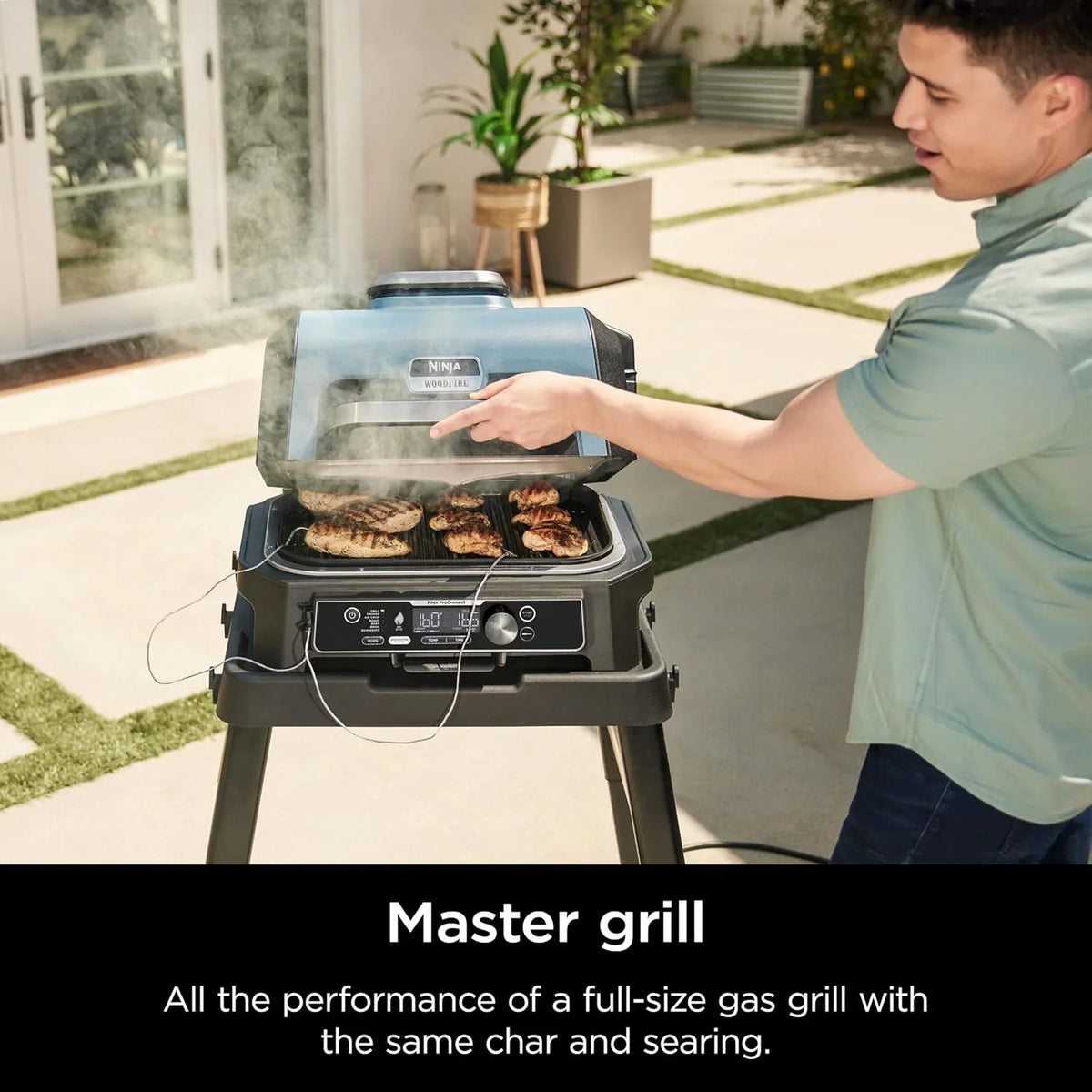 Grill i wędzarnia ogrodowa Ninja Woodfire Pro XL, termometr, wszechstronne urządzenie 4 w 1 (grill, wędzarnia BBQ, frytkownica beztłuszczowa, piekarnik), grill elektryczny przenośny, kolor ciemnoszary, model OG850
