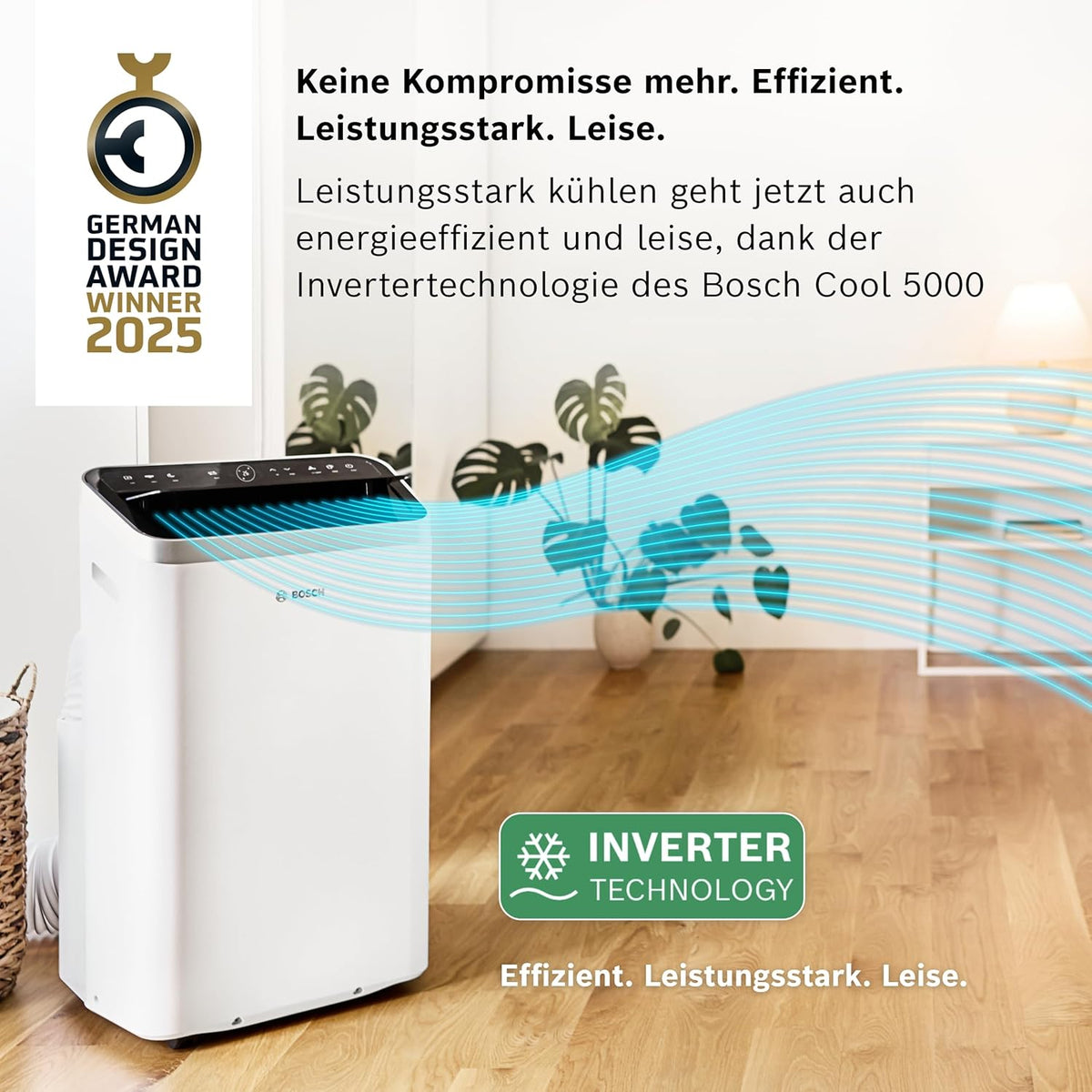 Klimatyzator przenośny Bosch Cool 4000 – 3 w 1: klimatyzator, osuszacz powietrza, wentylator – 2,6 kW do pomieszczeń o powierzchni do 35 m² – z trybem automatycznym, trybem cichym i trybem uśpienia
