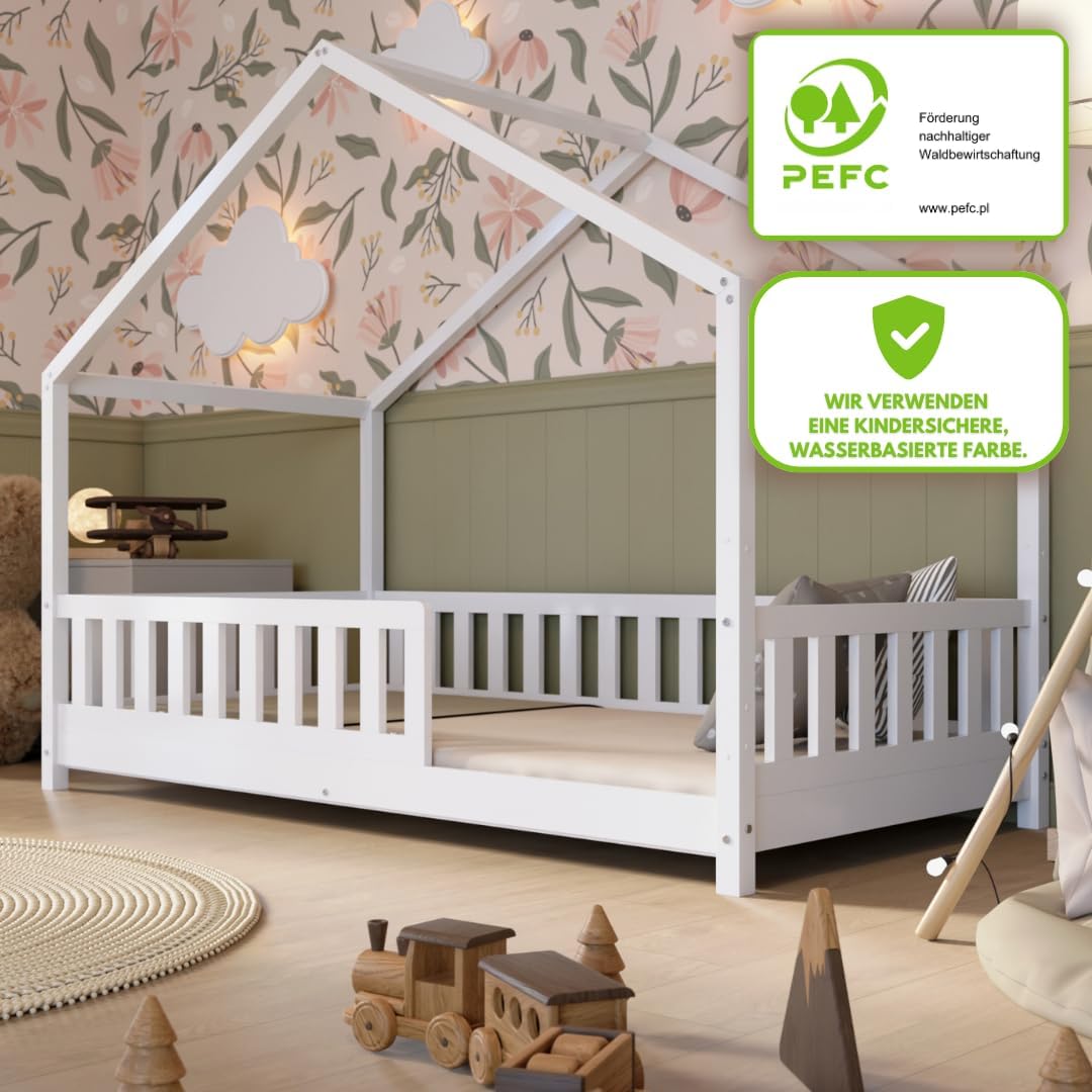 Łóżko Crazy Pine House z szufladami 200x90 cm – łóżko dziecięce z naturalnego drewna z zabezpieczeniem przed upadkiem – łóżko Montessori z dodatkową przestrzenią do przechowywania i wyjmowaną barierką – Crazy House
