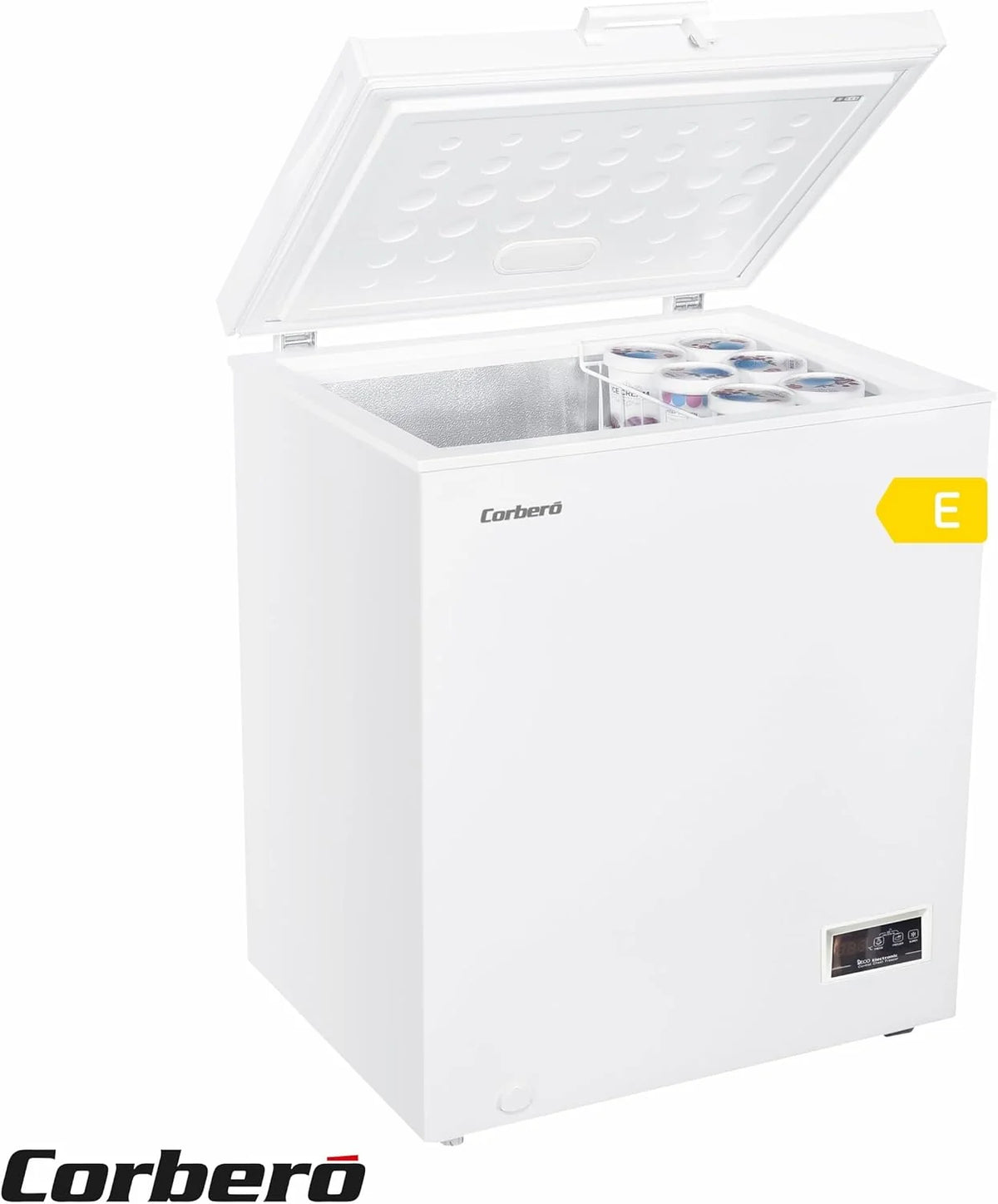Corbero – Diepvrieskist 142 l | CCHH15024E | Elektronische bediening met display | LED-verlichting | Handgreep | 1 binnenmand | 2 wielen | 2 verstelbare poten | 40 dB | Energie-efficiëntieklasse E | Wit