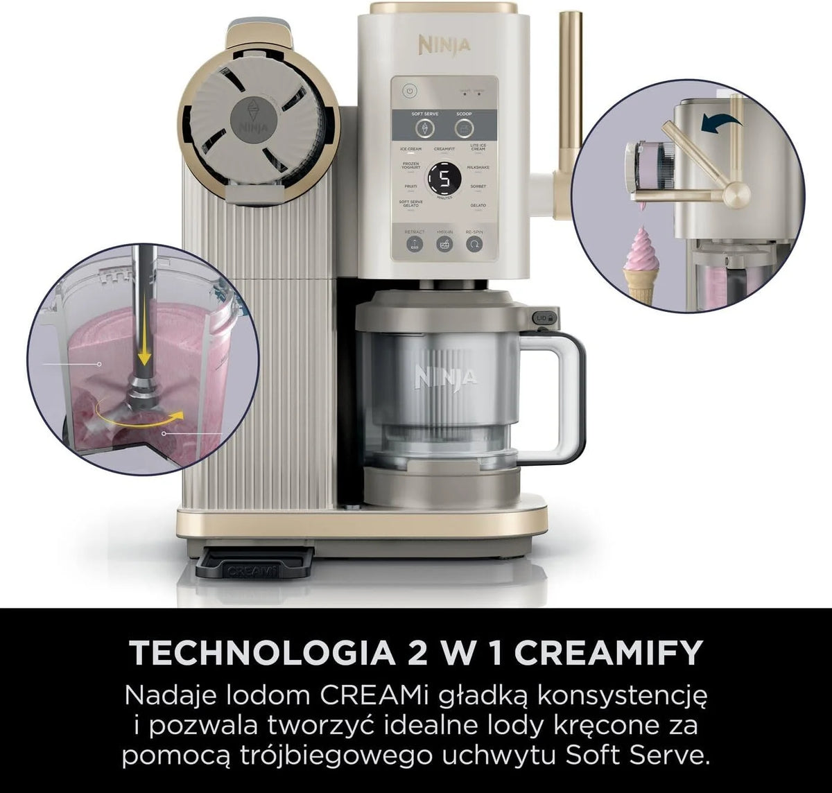 Ninja CREAMi ijsschep- en swirlmachine met 2 containers, 13 functies, bereidt ijs, Italiaans ijs, gelato, milkshakes en andere desserts, toppingsoptie, steengoud, NC701EUSTGD