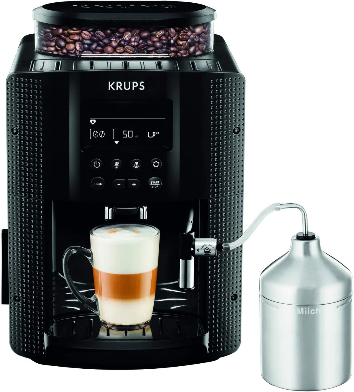 Ekspres do kawy Krups Essential w pełni automatyczny z wężykiem do mleka, funkcja parzenia 2 filiżanek, wyświetlacz LCD, łatwe czyszczenie, certyfikat TÜV, czarny, EA816031