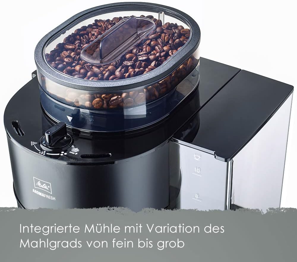Melitta AromaFresh - Ekspres przelewowy - ze szklanym dzbankiem - wbudowanym młynkiem - funkcją timera - 10 filiżanek - Czysta czerń