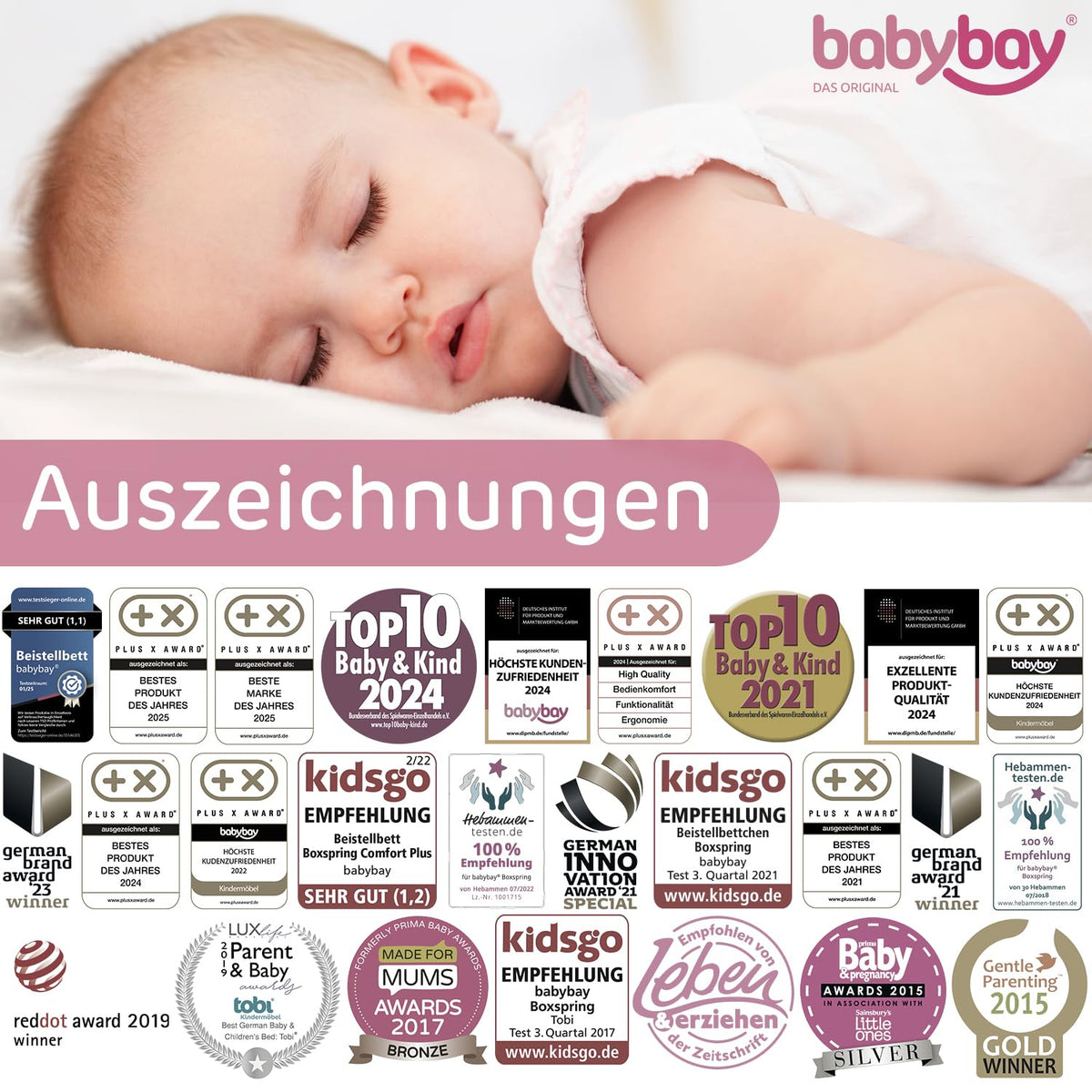 Oryginalne łóżeczko dostawne Babybay z litego drewna bukowego / kompaktowe i rozkładane / płynna regulacja wysokości łóżeczka i przyjazne dla środowiska / rośnie wraz z dzieckiem (lakierowane na biało) / w zestawie materac
