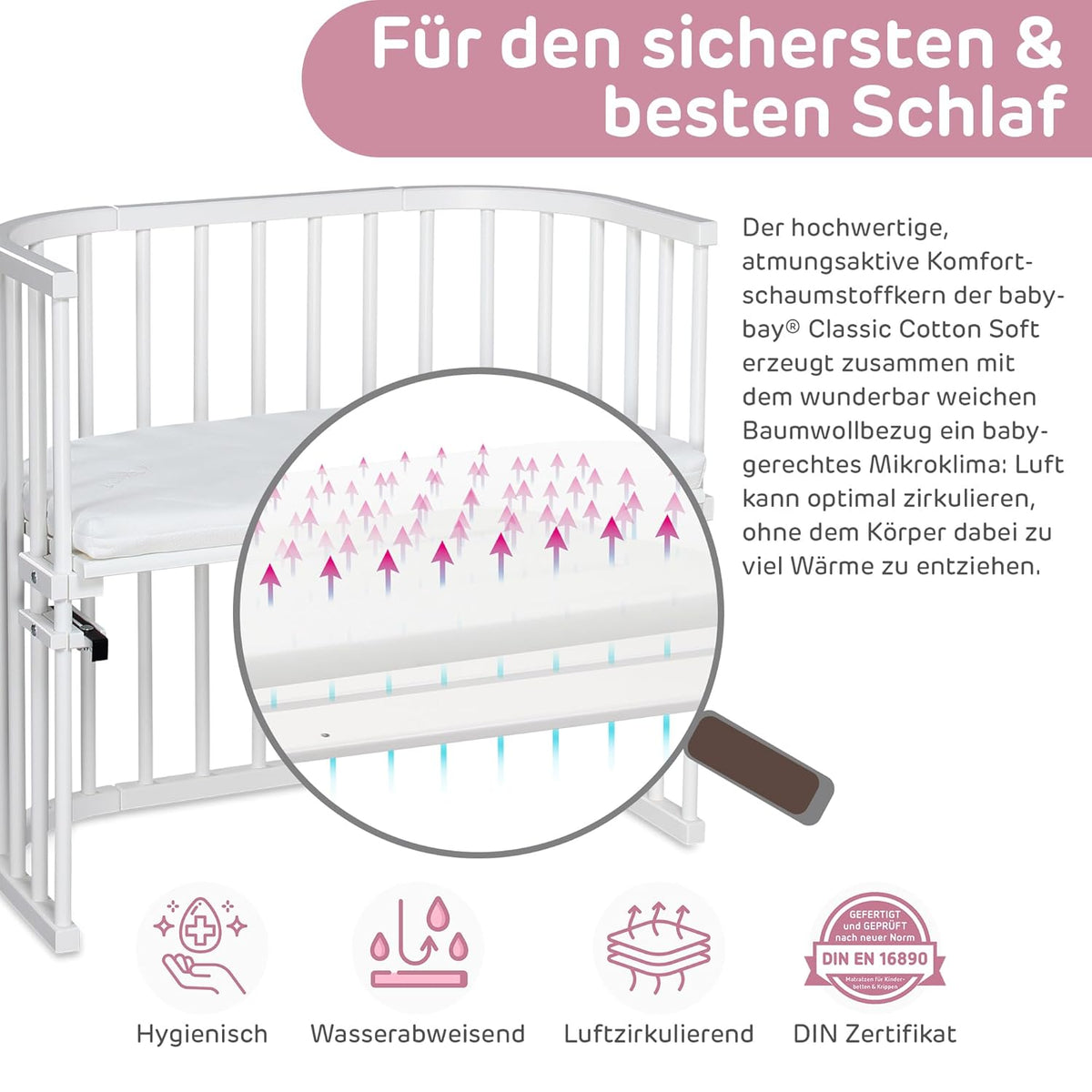 Oryginalne łóżeczko dostawne Babybay z litego drewna bukowego / kompaktowe i rozkładane / płynna regulacja wysokości łóżeczka i przyjazne dla środowiska / rośnie wraz z dzieckiem (lakierowane na biało) / w zestawie materac