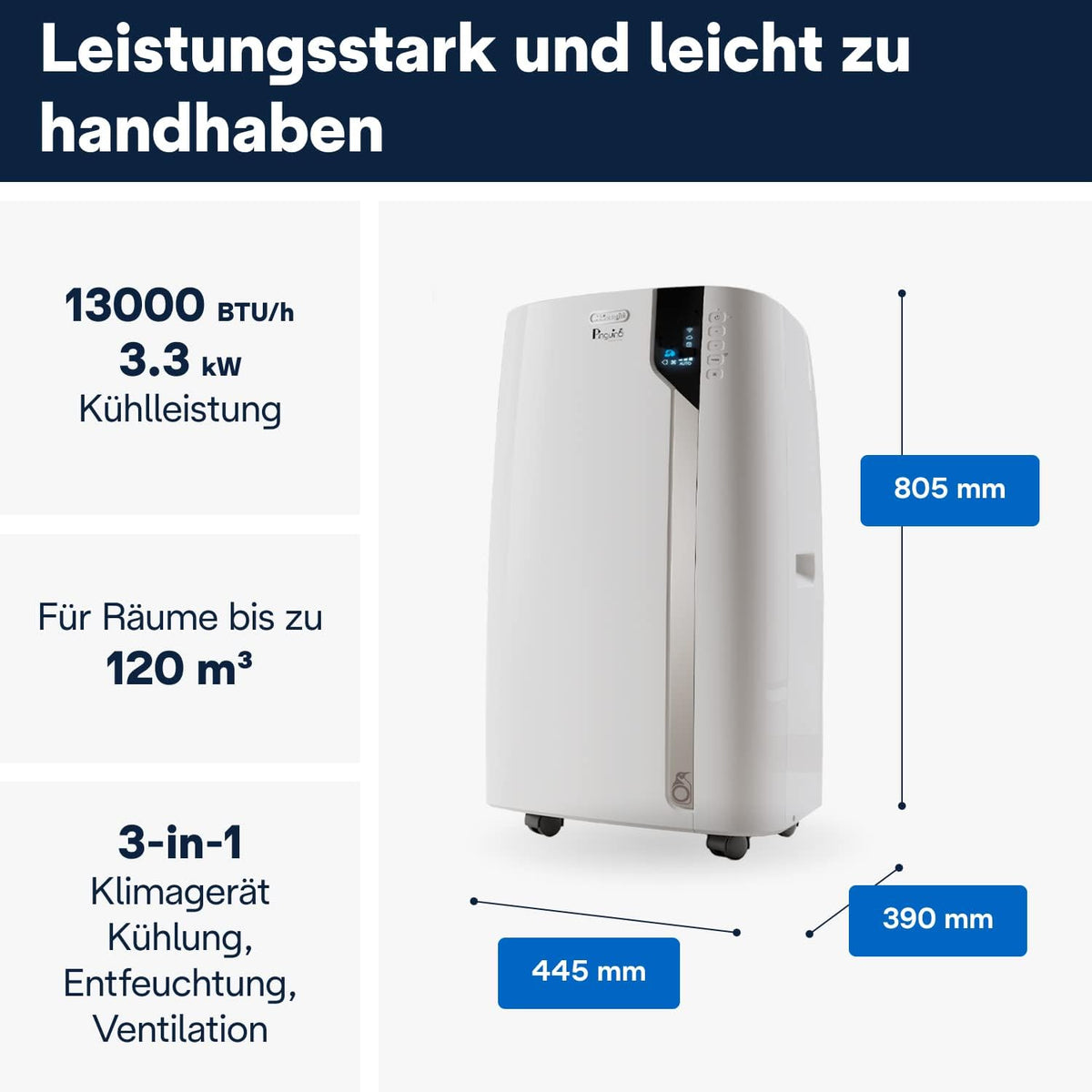 De'Longhi Pinguino PAC EL112 CST WiFi, przenośna klimatyzacja z technologią MyEcoRealFeel do pomieszczeń o kubaturze do 110 m³, 11 000 BTU/h, 2,9 kW, 63 dB, funkcja osuszania, A, sterowanie aplikacją i głosem, kolor biały