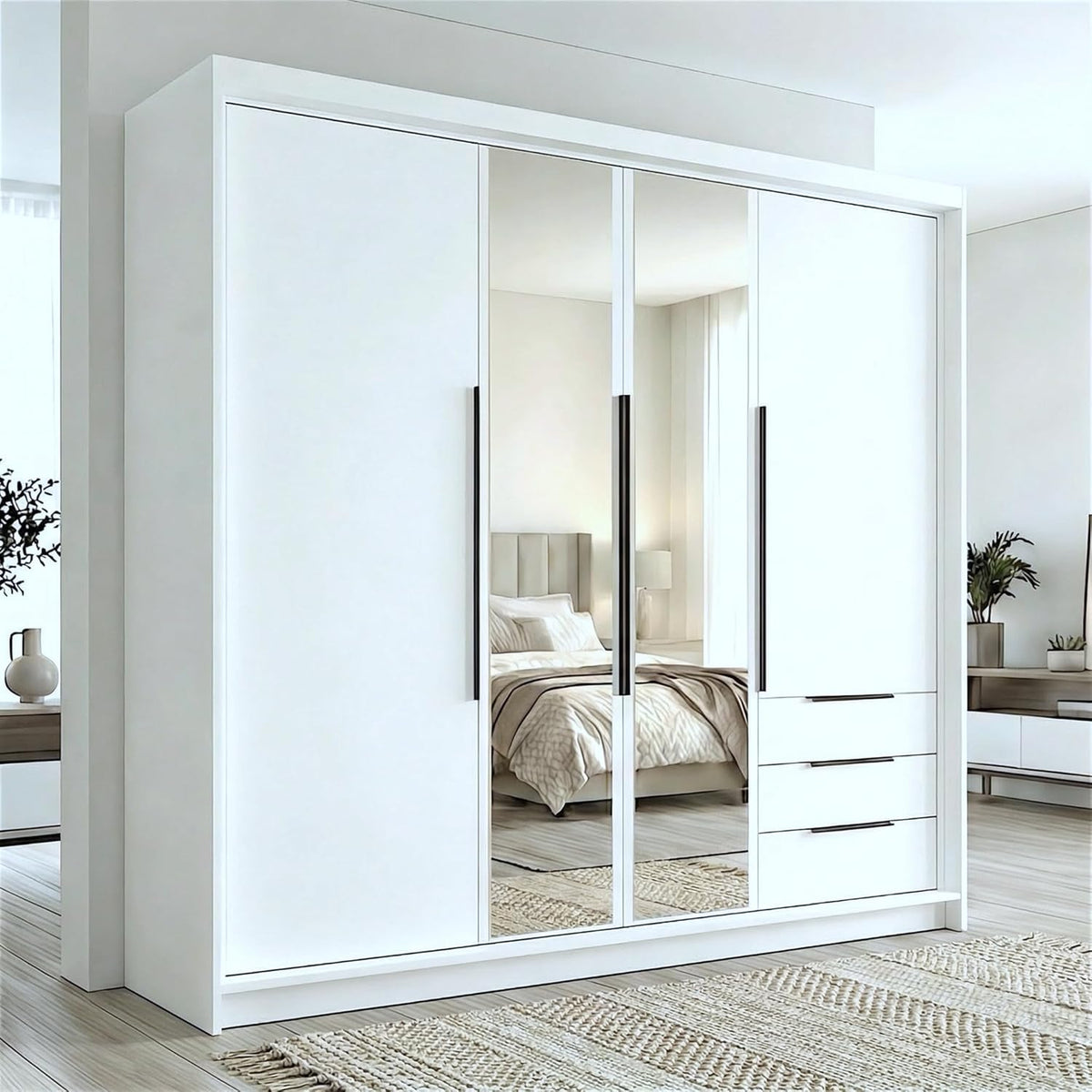 A and J MöbelLand VIVO Szafa 4-drzwiowa z lustrem i szufladami - 200 x 215 cm - Szafa z drzwiami uchylnymi, drążkiem na ubrania i półkami