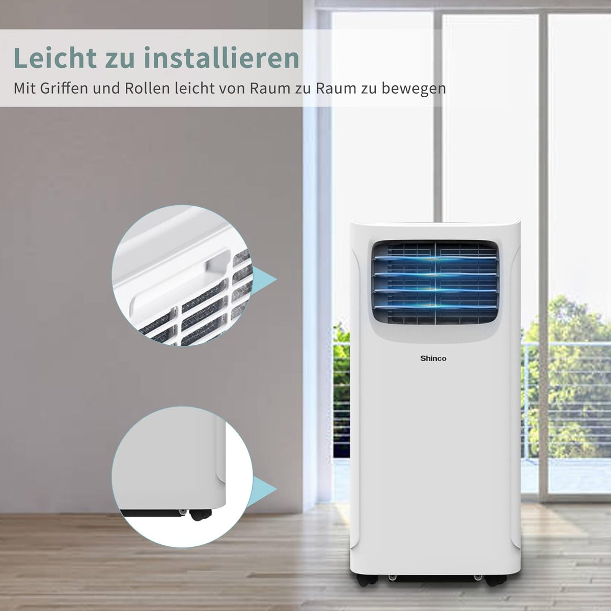 Przenośna klimatyzacja SHINCO z przewodem wydechowym, 9000 BTU, 2,6 kW, chłodzenie, wentylacja i osuszanie, przenośna klimatyzacja z trybem uśpienia, powierzchnia pomieszczenia do 22 m², 24-godzinny timer