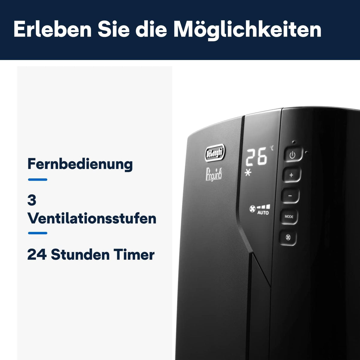 De'Longhi Pinguino PAC EL112 CST WiFi, przenośna klimatyzacja z technologią MyEcoRealFeel do pomieszczeń o kubaturze do 110 m³, 11 000 BTU/h, 2,9 kW, 63 dB, funkcja osuszania, A, sterowanie aplikacją i głosem, kolor biały