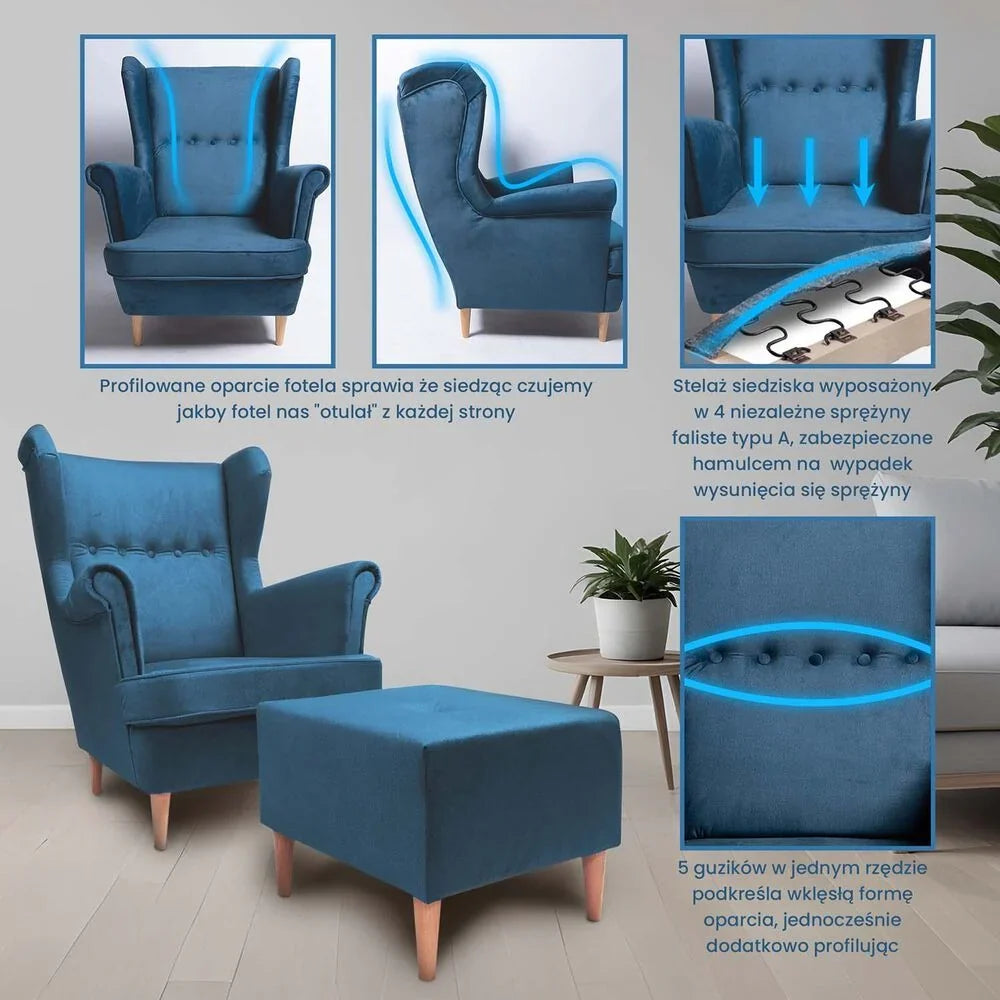Jane Royal fauteuil met hoge rugleuning en voetenbankje, turquoise