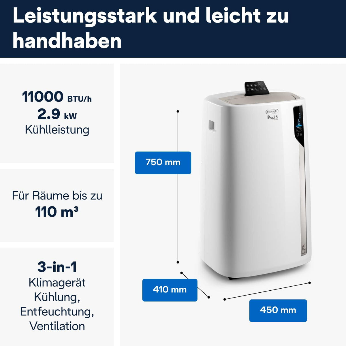 De'Longhi Pinguino PAC EL112 CST WiFi, przenośna klimatyzacja z technologią MyEcoRealFeel do pomieszczeń o kubaturze do 110 m³, 11 000 BTU/h, 2,9 kW, 63 dB, funkcja osuszania, A, sterowanie aplikacją i głosem, kolor biały