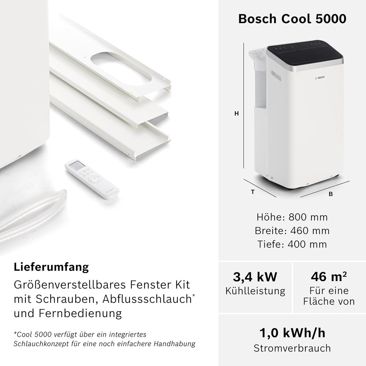 Przenośny klimatyzator Bosch Cool 4000 – 3 w 1: klimatyzator, osuszacz, wentylator – 2,6 kW do pomieszczeń o powierzchni do 35 m² – Z trybami Auto, Silent i Sleep