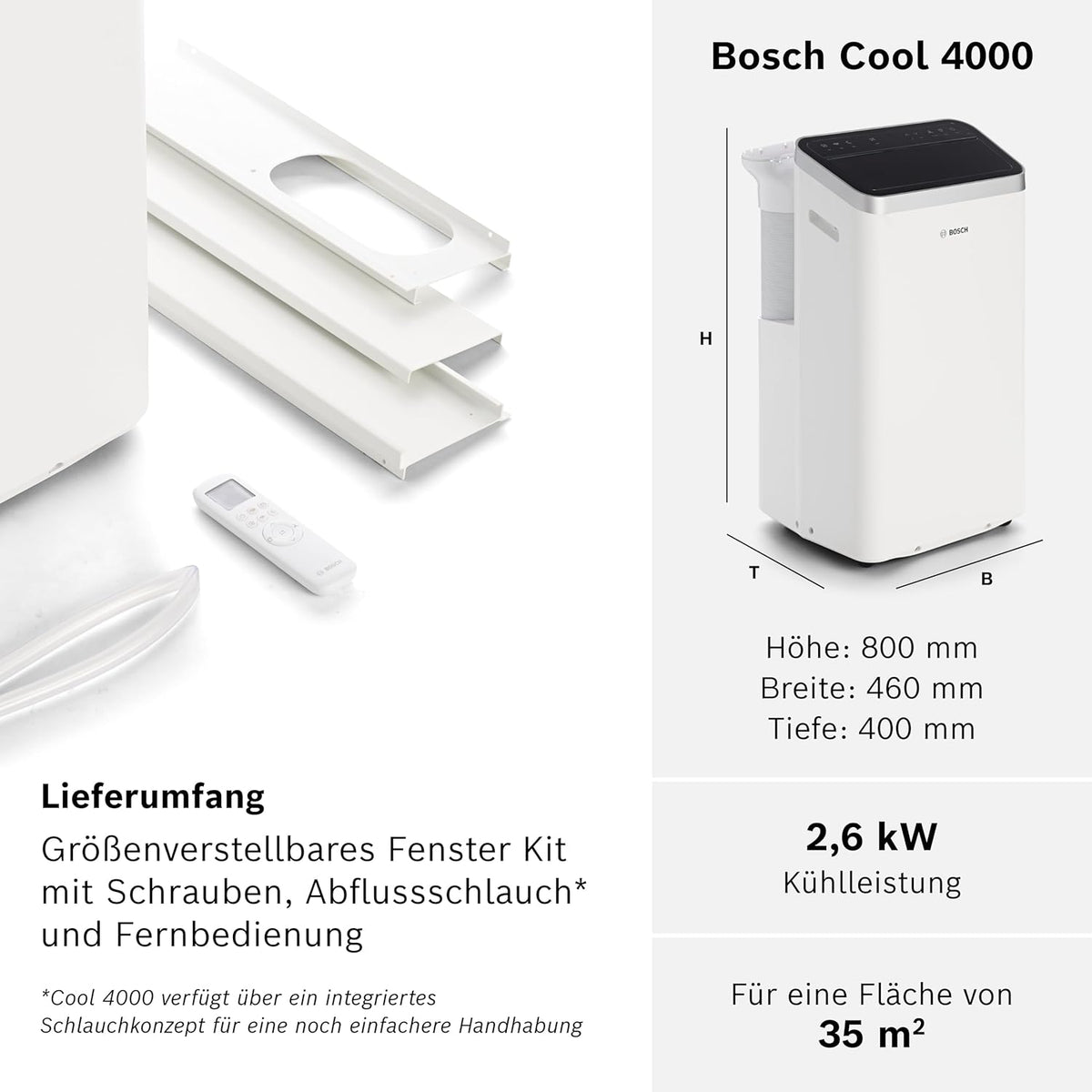 Przenośny klimatyzator Bosch Cool 4000 – 3 w 1: klimatyzator, osuszacz, wentylator – 2,6 kW do pomieszczeń o powierzchni do 35 m² – Z trybami Auto, Silent i Sleep