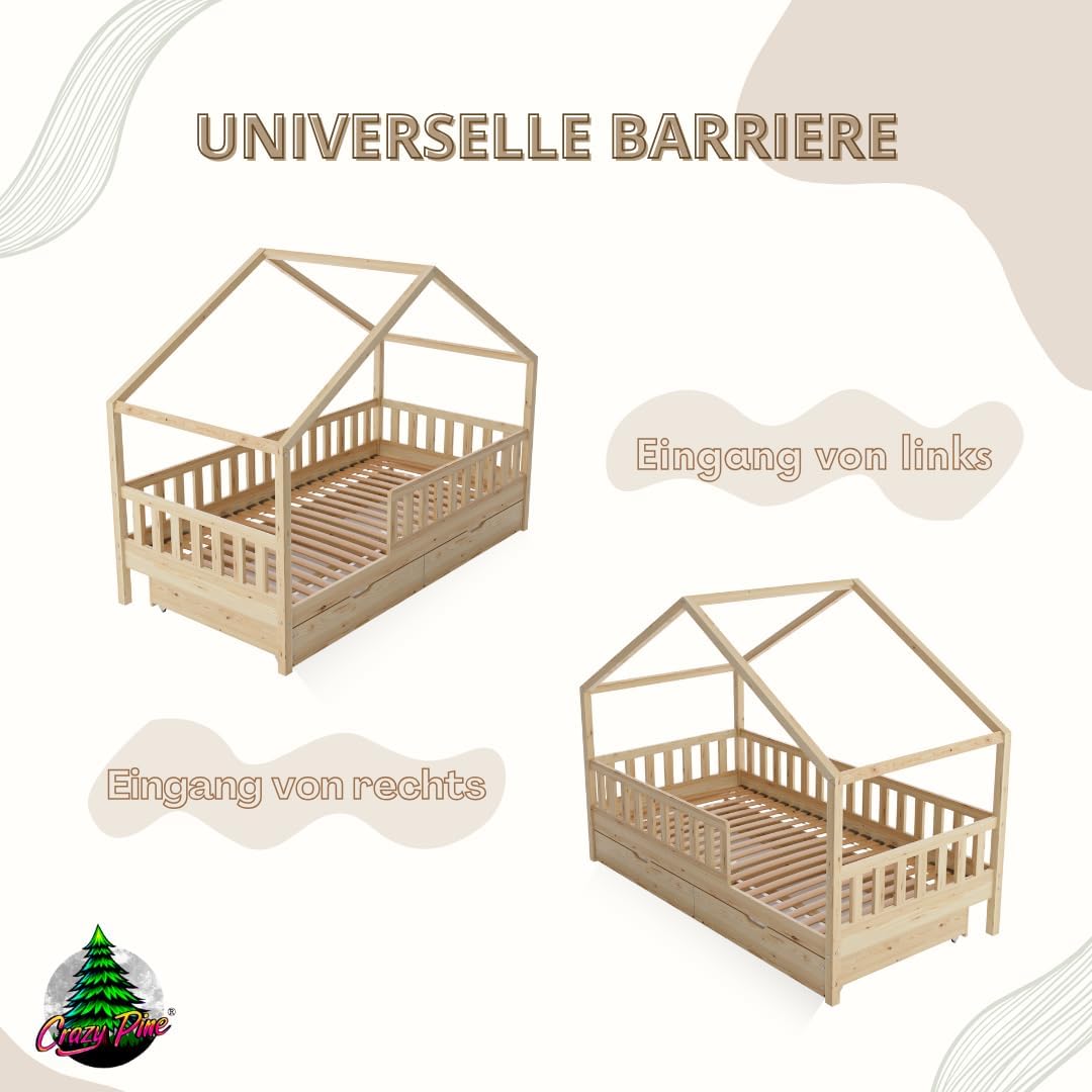 Łóżko Crazy Pine House z szufladami 200x90 cm – łóżko dziecięce z naturalnego drewna z zabezpieczeniem przed upadkiem – łóżko Montessori z dodatkową przestrzenią do przechowywania i wyjmowaną barierką – Crazy House