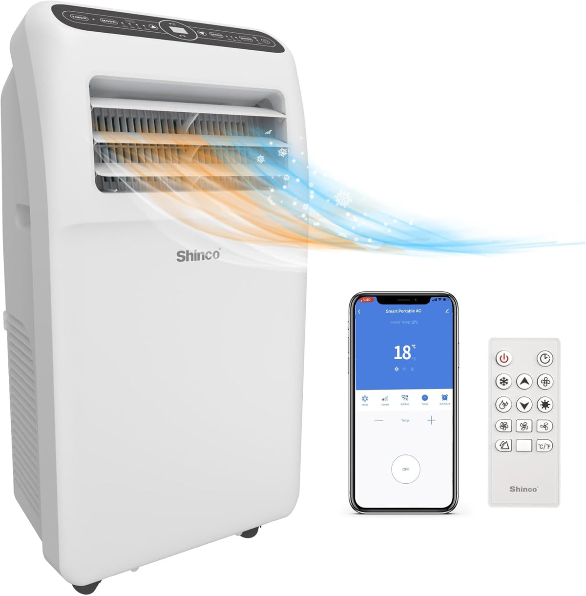 Przenośna klimatyzacja SHINCO z przewodem wydechowym, 9000 BTU, 2,6 kW, chłodzenie, wentylacja i osuszanie, przenośna klimatyzacja z trybem uśpienia, powierzchnia pomieszczenia do 22 m², 24-godzinny timer