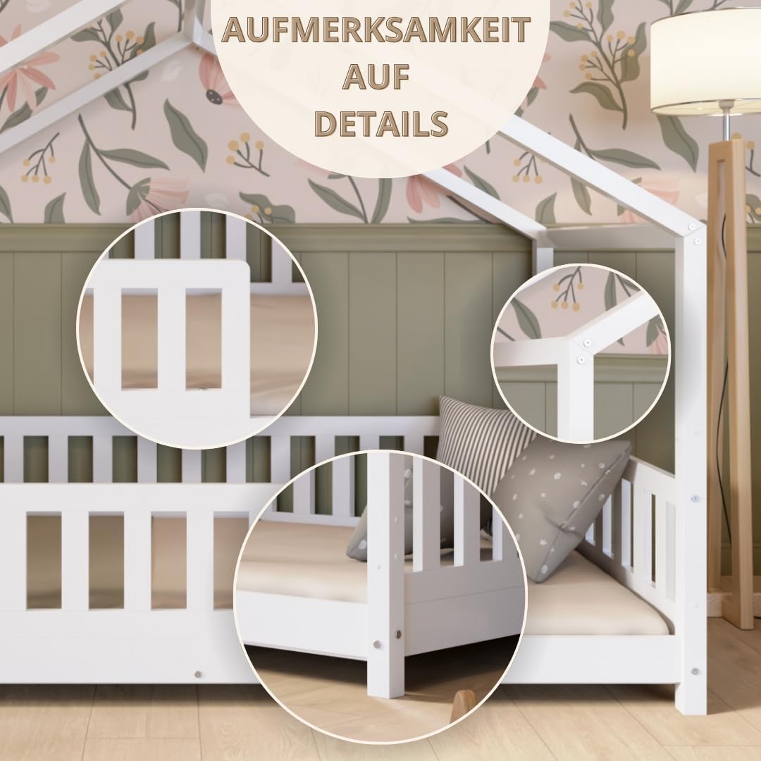 Łóżko Crazy Pine House z szufladami 200x90 cm – łóżko dziecięce z naturalnego drewna z zabezpieczeniem przed upadkiem – łóżko Montessori z dodatkową przestrzenią do przechowywania i wyjmowaną barierką – Crazy House