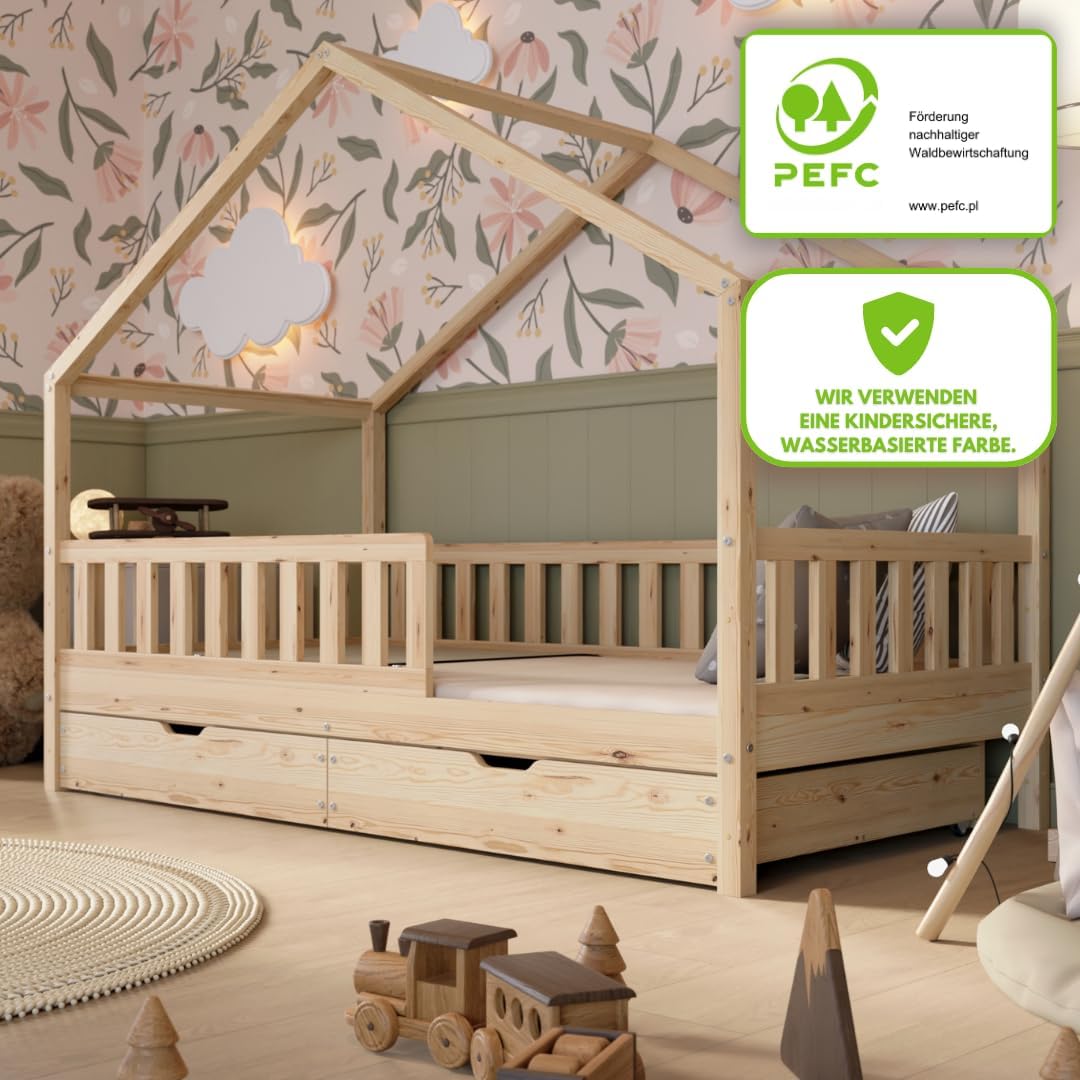 Łóżko Crazy Pine House z szufladami 200x90 cm – łóżko dziecięce z naturalnego drewna z zabezpieczeniem przed upadkiem – łóżko Montessori z dodatkową przestrzenią do przechowywania i wyjmowaną barierką – Crazy House